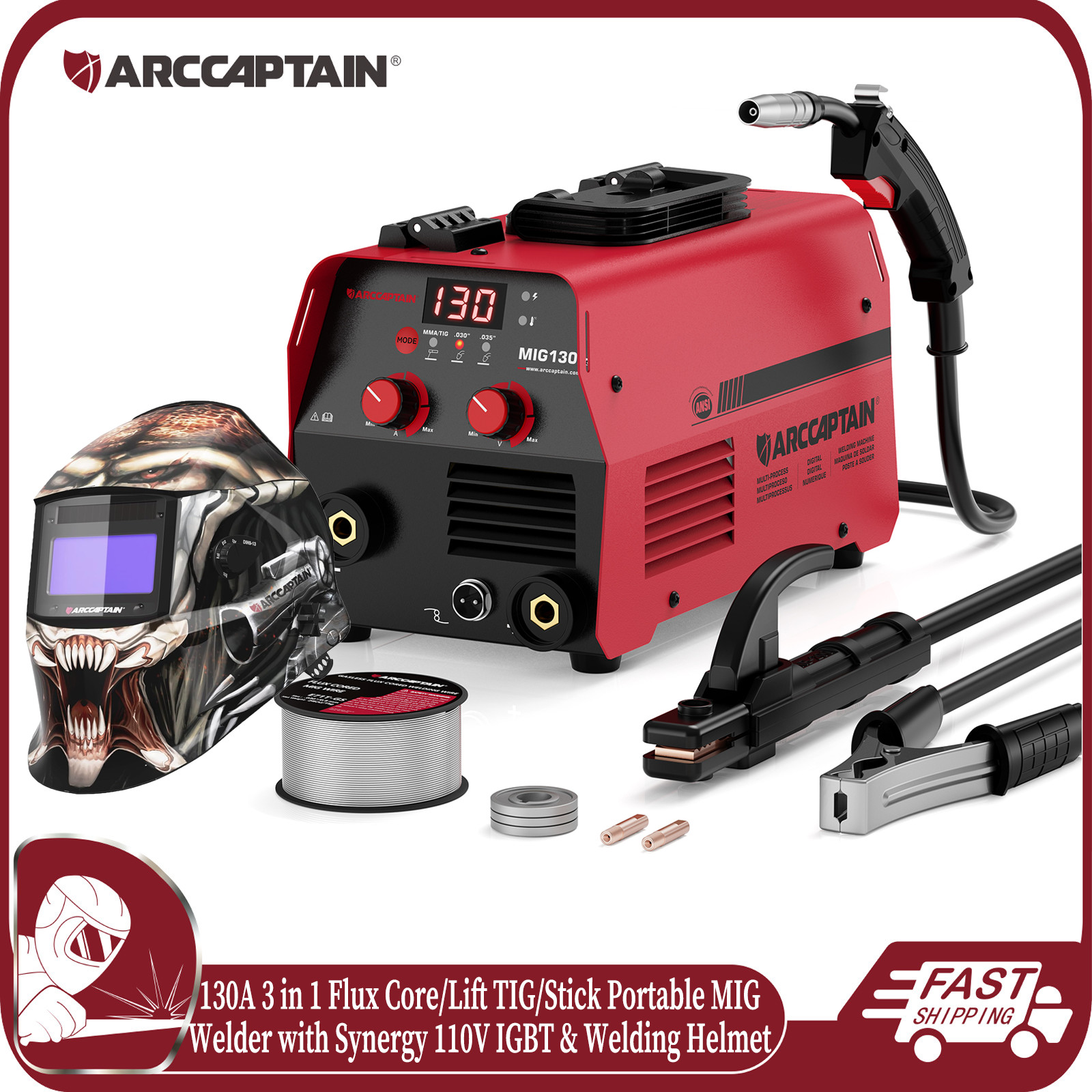 ARCCAPTAIN 130A 3-in-1 MIG Welder Flux Core/Lift TIG /Stick IGBT +Welding Helmet