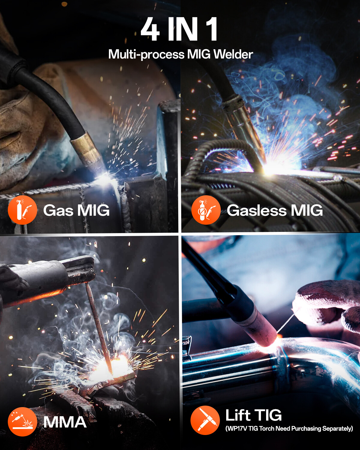 MIG Welder 4 in 1 200A 110V 220V DC Inverter Gasless Gas MIG TIG Welding Machine