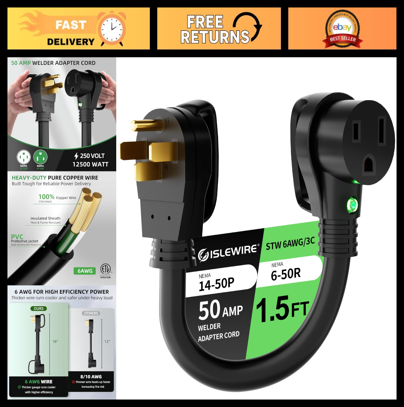 Heavy Duty 1.5FT Welder Adapter Cord NEMA 14-50P to 6-50R, 50A, 6 AWG, Lighted I