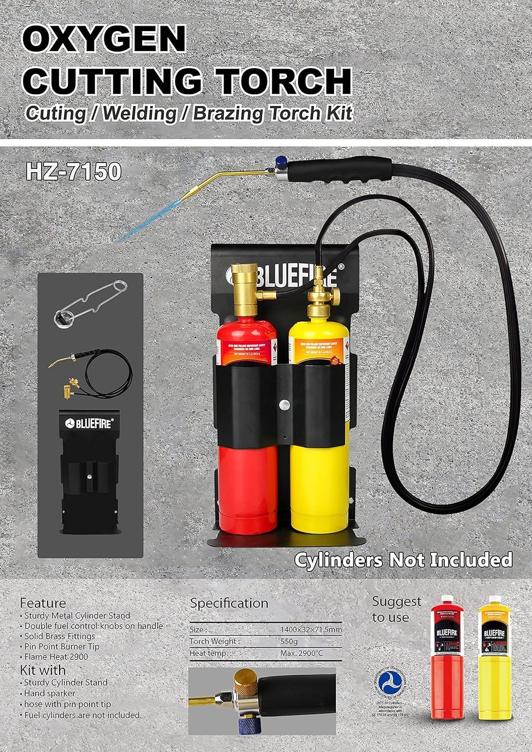 Oxypropane Welding Torch Kit, Flint Lighter, Cylinder Holder Rack, Black