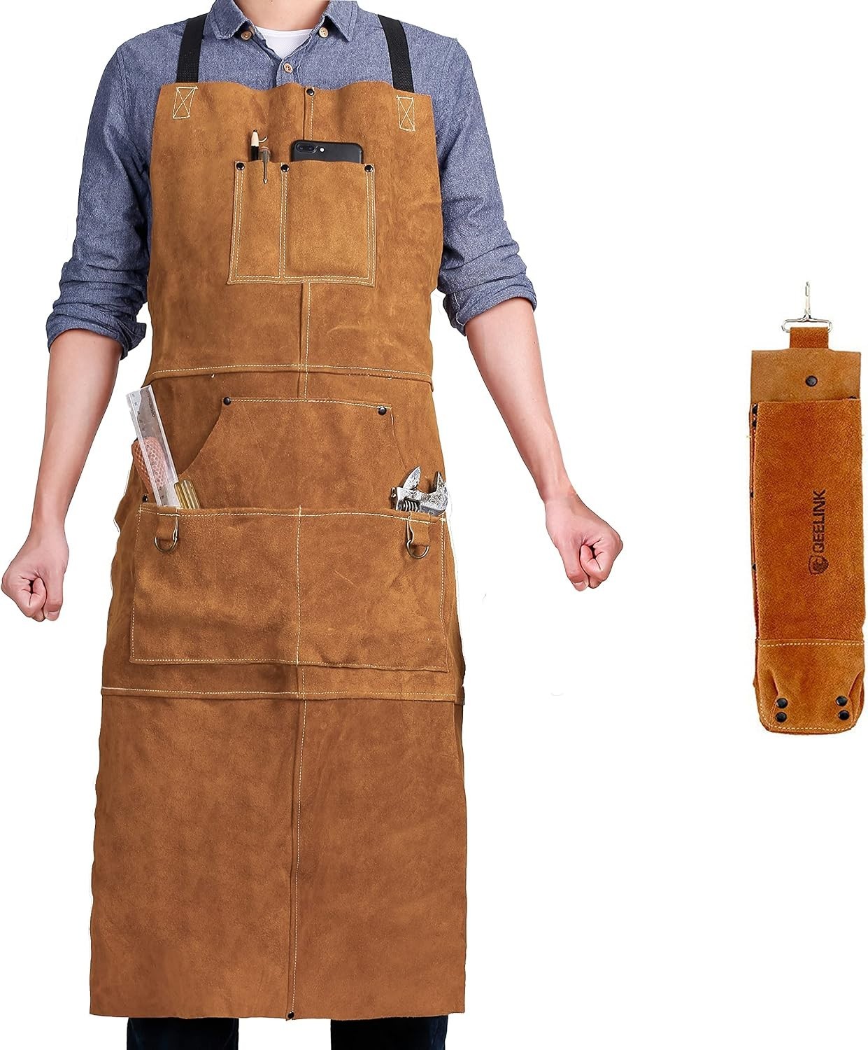 Leather Welding Work Apron with 6 Tool Pockets, Heat Resistant & Adjustable Size