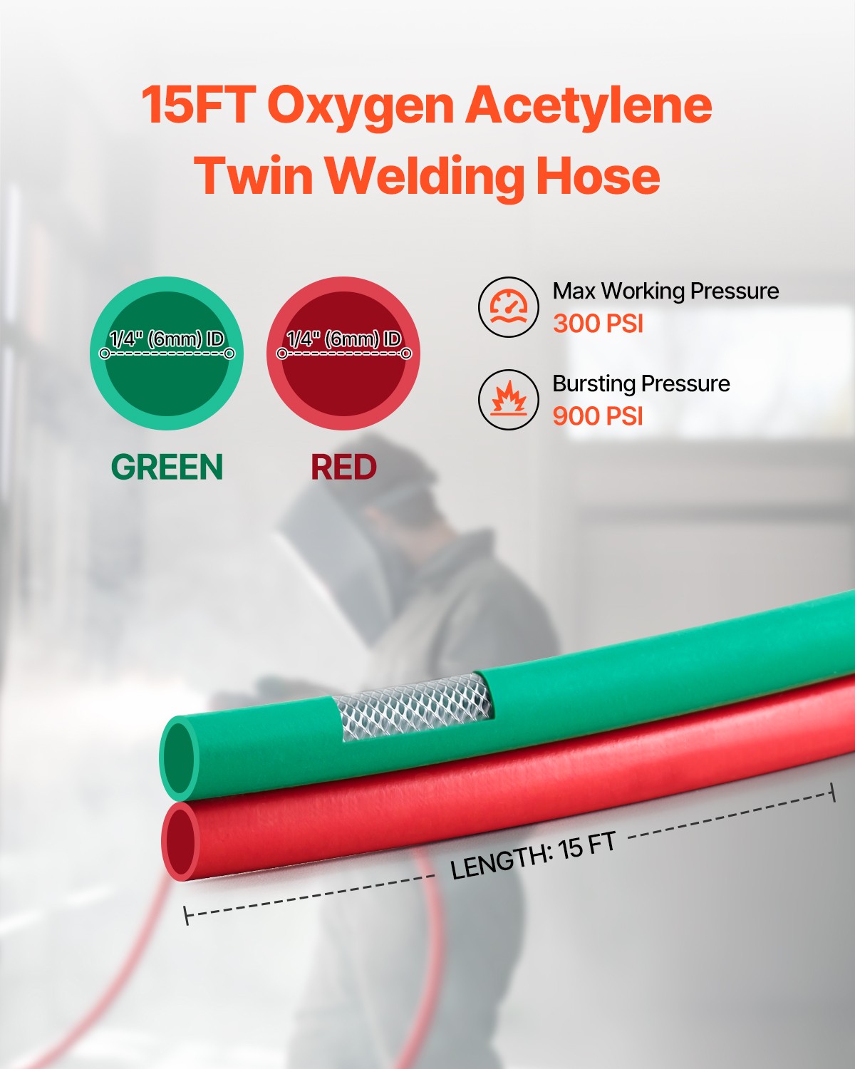 VEVOR Oxygen Acetylene Hose 1/4In x15FT T Grade Hose 300PSI Max Working Pressure