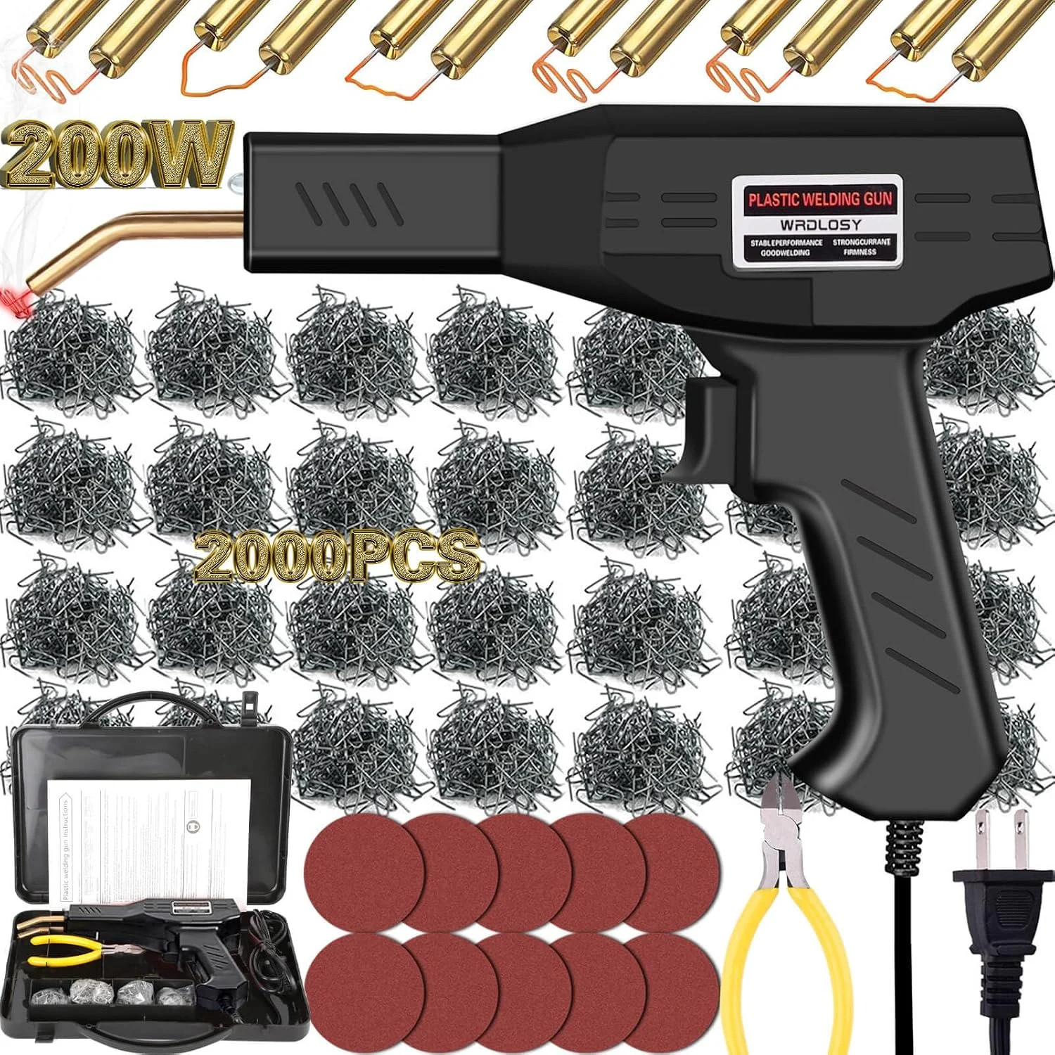 200W Plastic Welder, 2000PCS Staples 10PCS Sandpaper, Plastic welding Kit, Plier