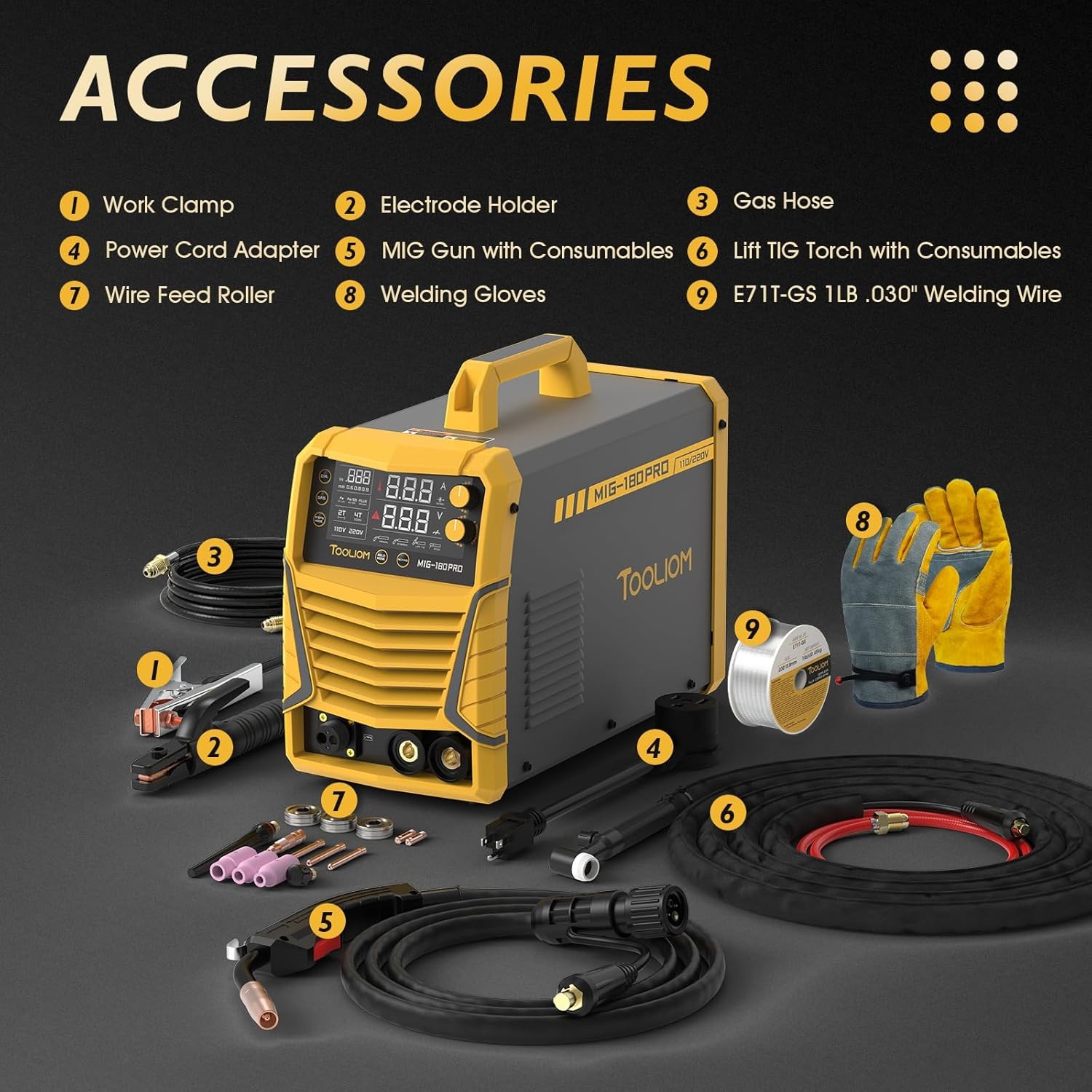 TOOLIOM 180A 4 in 1 MIG Welder With Lift TIG Torch Gas MIG/Flux MIG/Stick