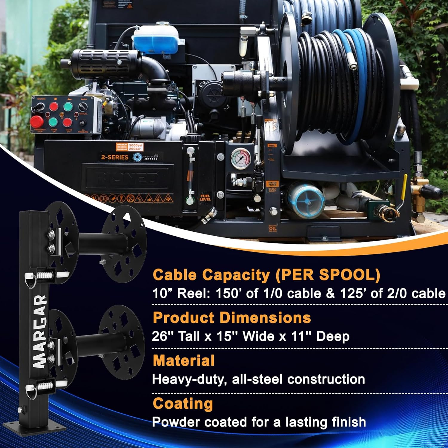 Heavy Duty Double Welding Cable Lead Reel, 360-Degree Adjustable Swivel Base, 10