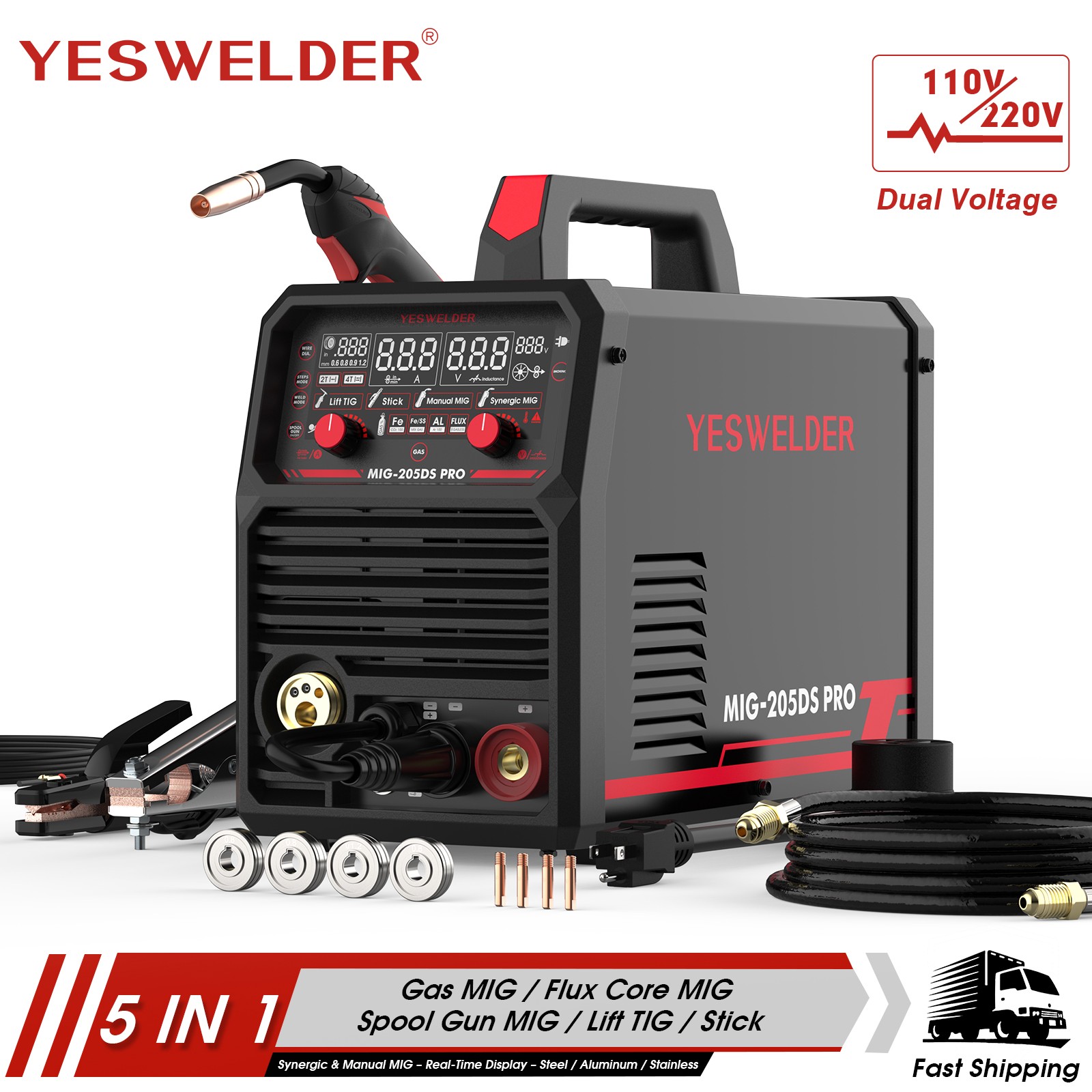 200A 5-in-1 MIG Welding Machine 110/220V Dual Voltage Gas/Flux/Spool/TIG/Stick