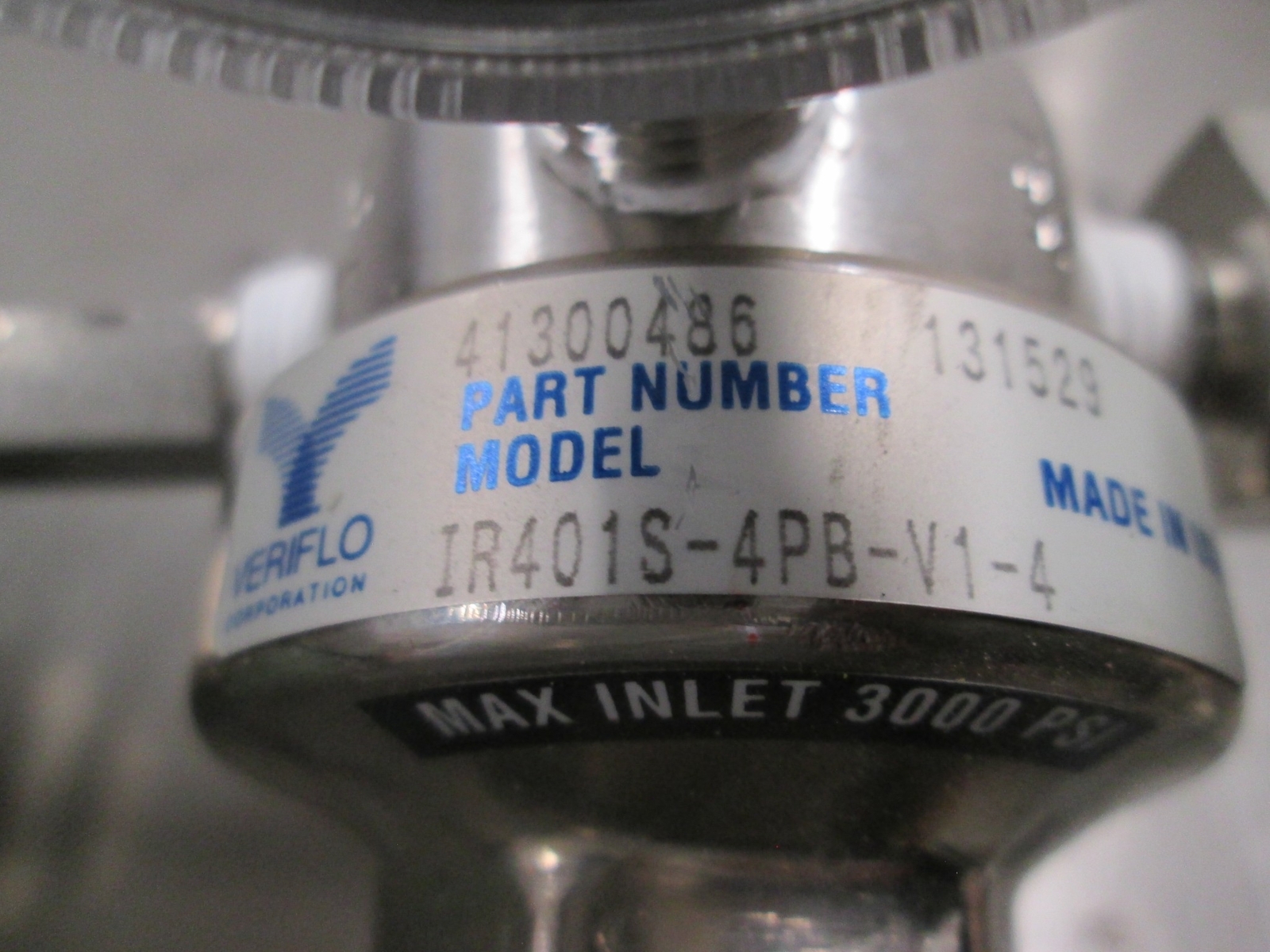 Veriflo Gas Regulator Assy, IR401S-4PB-V1-4, w/ 30-0-100 PSI Gauge, Used