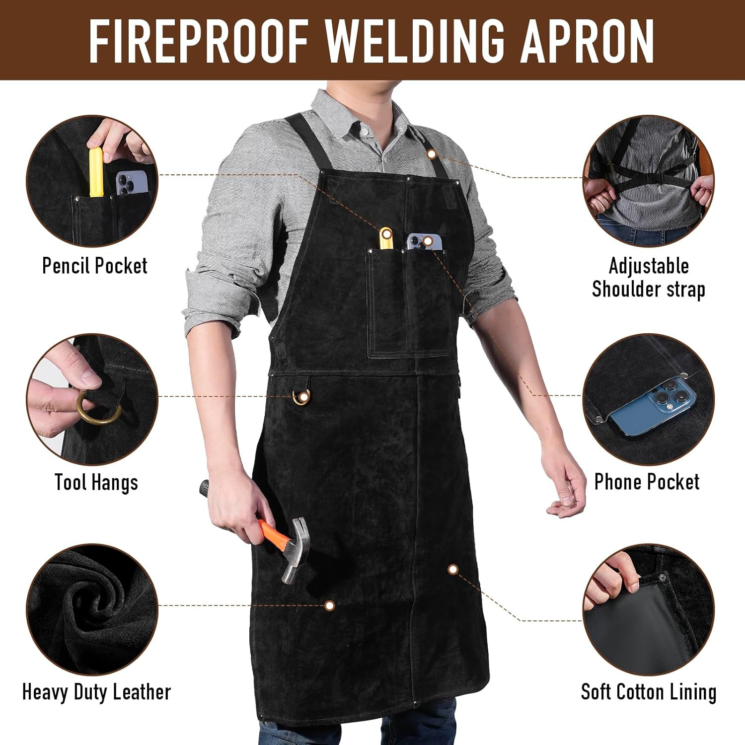 Leather Welding Work Apron – Heat Resistant & Flame Resistant Bib Apron, Flame R