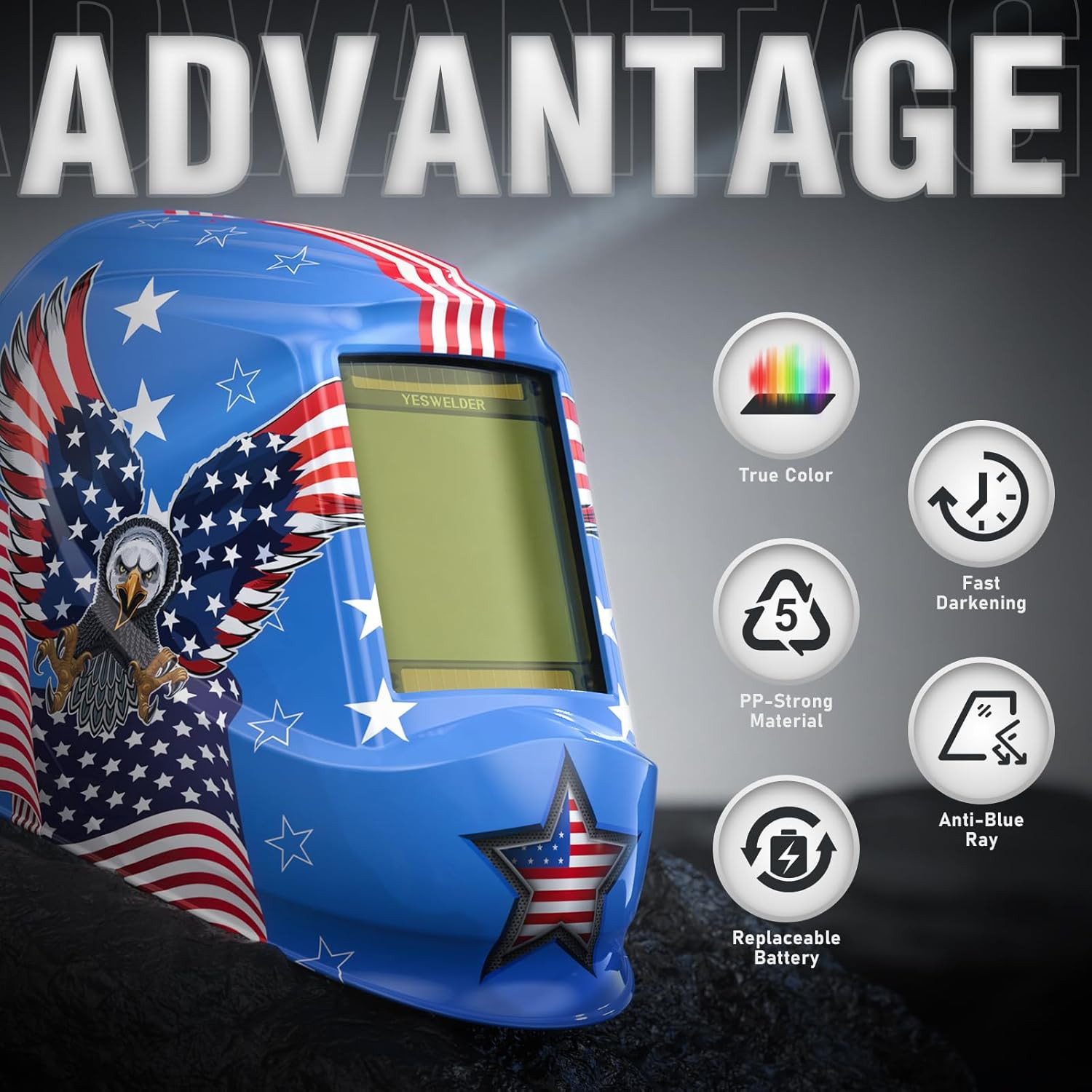 Auto Darkening Welding Helmet, Large View, LYG-M800H-B | 1/1/1/1 True Color, 4 A