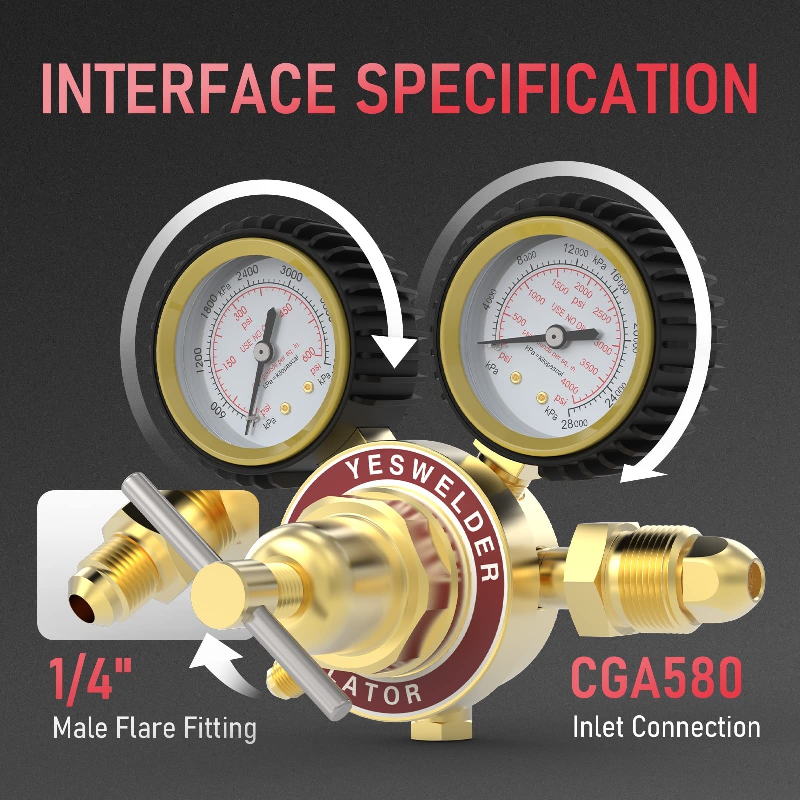Nitrogen Regulator with Hose, 0-600 PSI Input, 0-4000 PSI Output, CGA580 Fitting