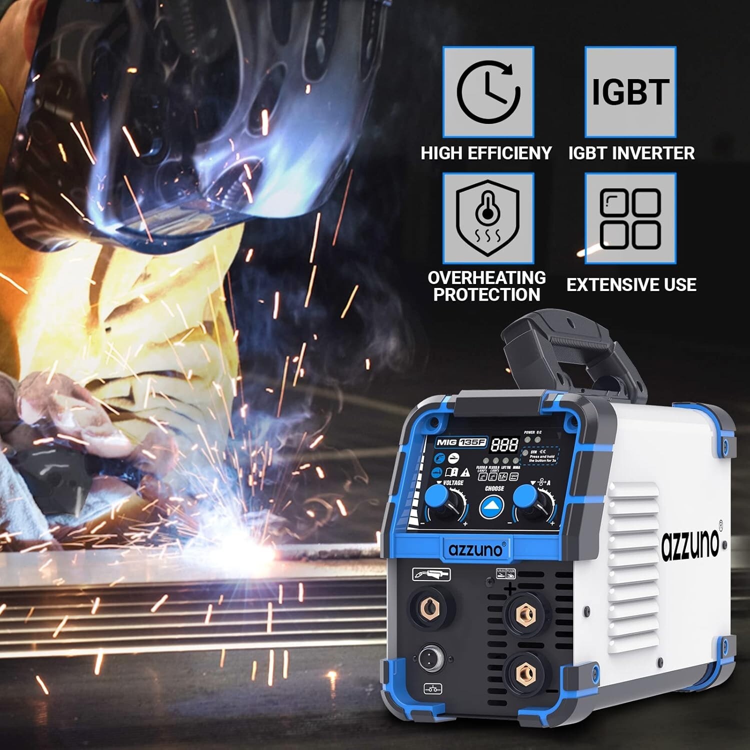 AZZUNO 135A MIG Welder 110V Flux MIG/Lift TIG/Stick 3 in1 IGBT Welding Machine