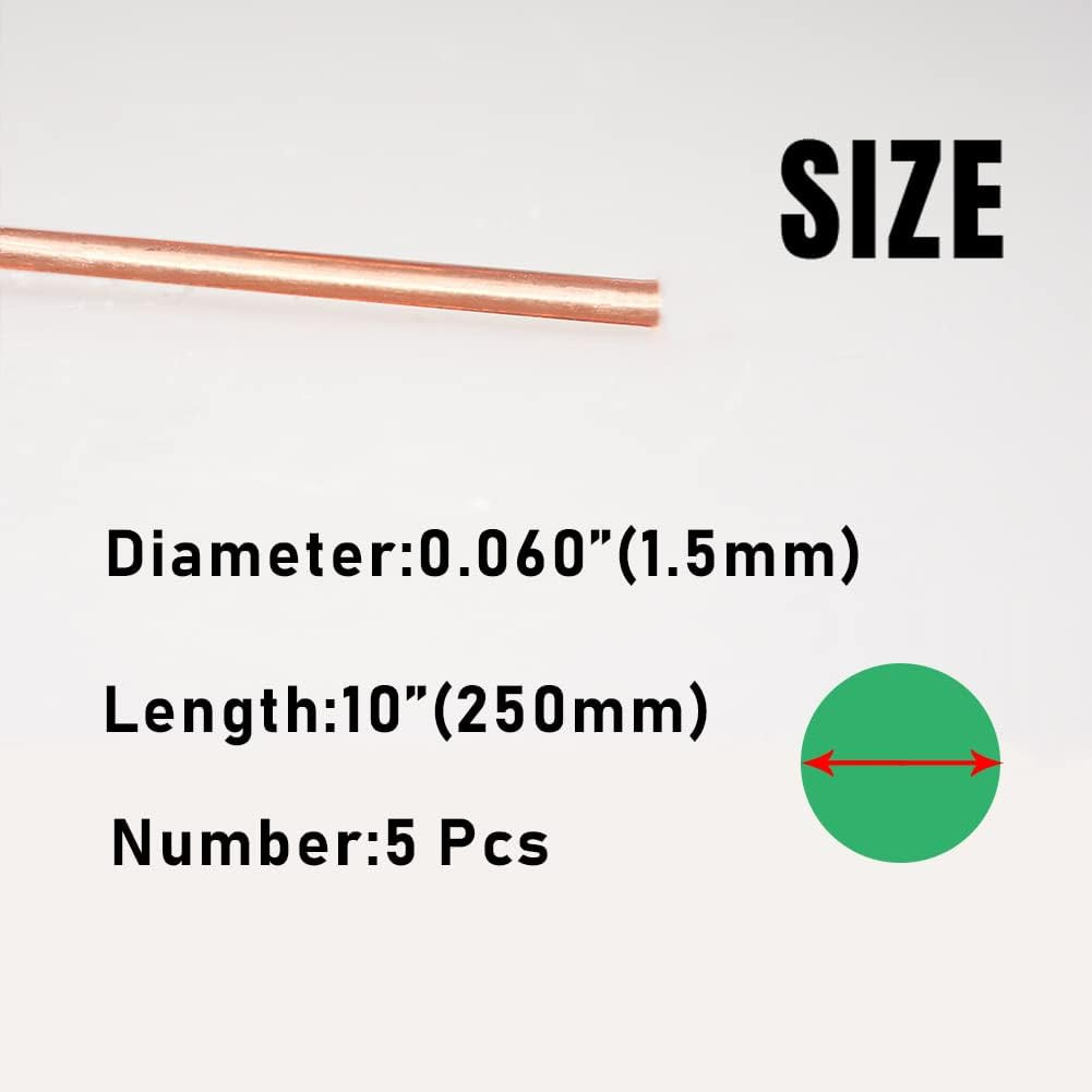 5Pcs 15 Gauge Pure Electrode Copper round Rod 1.5Mm Dia 10″ Length Bare Copper C