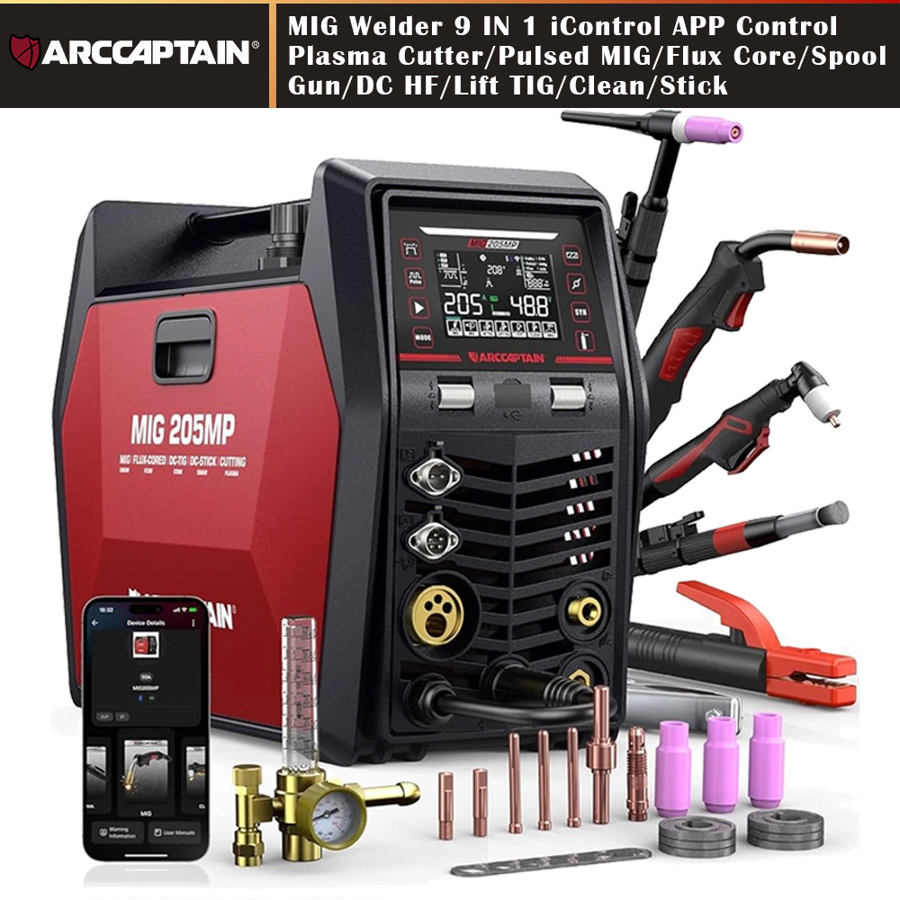 ARCCAPTAIN MIG205MP MIG Welder 9 IN 1 Plasma Cutter/Pulsed MIG/Flux Core/TIG