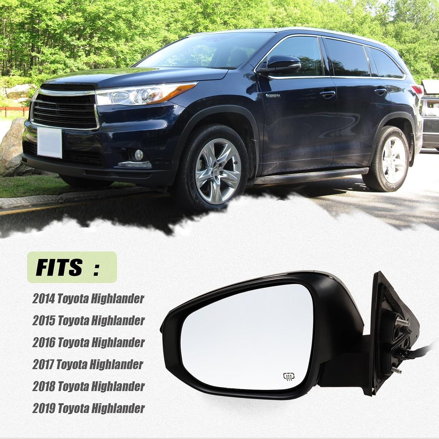 Left Driver Side Mirror Fits 2014-2019 Toyota Highlander with Power Glass, Heate