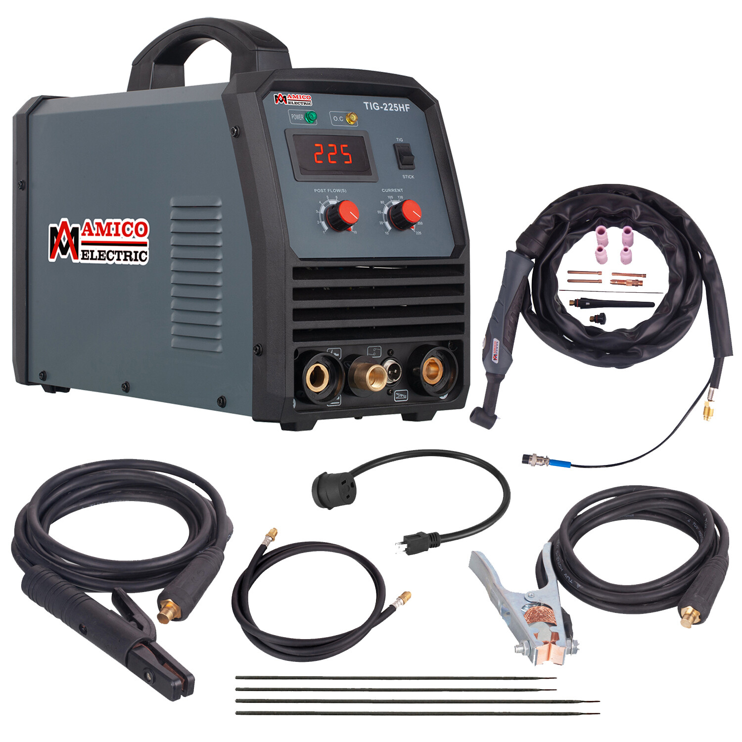 Amico TIG-225HF, 225A Pro. TIG/Arc/Stick Welder, 100% HF-Start & 80% Duty Cycle.