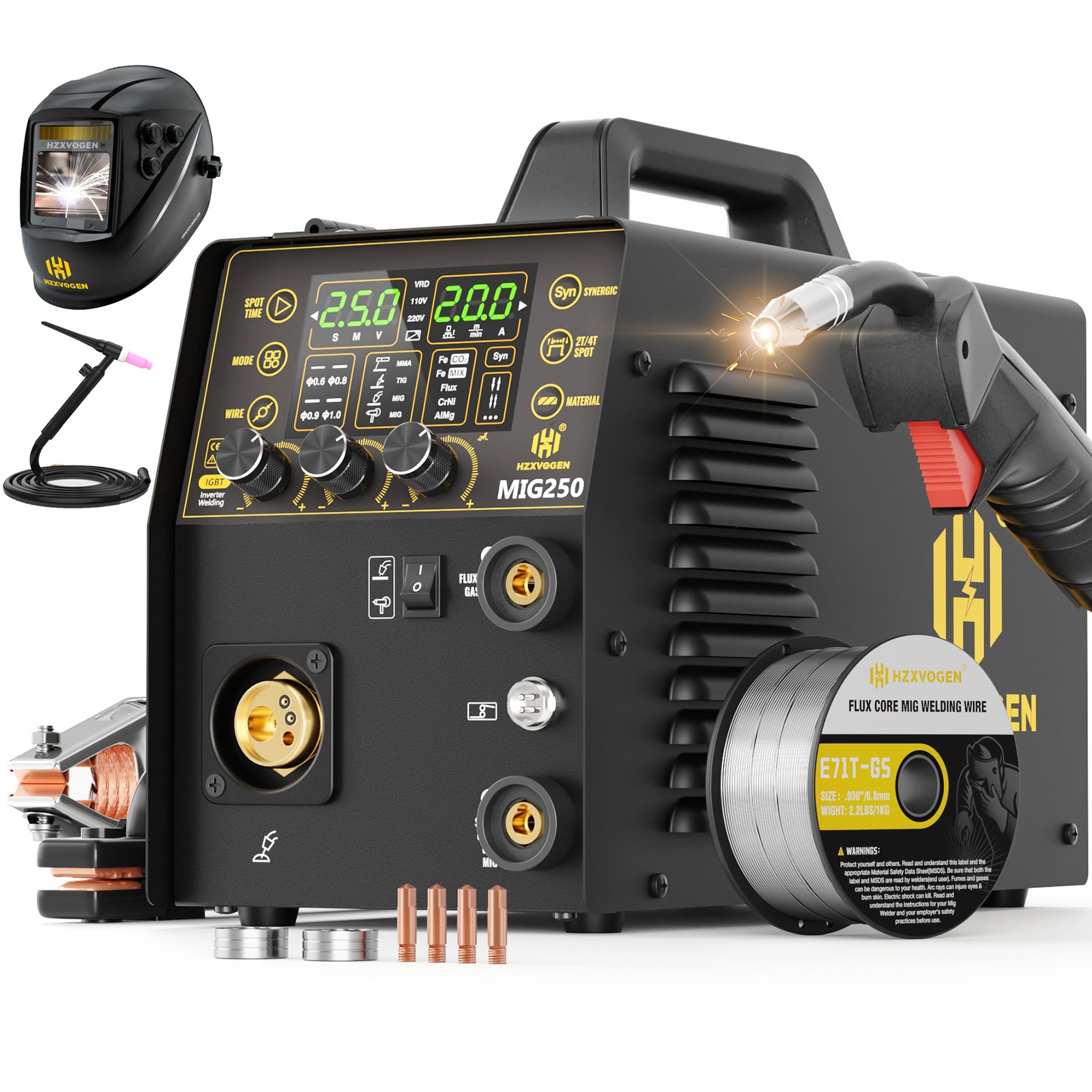 110V/220V 6IN1 250Amp Aluminum MIG Welder Gas/Gasless MIG MMA Welder w/Tig Torch