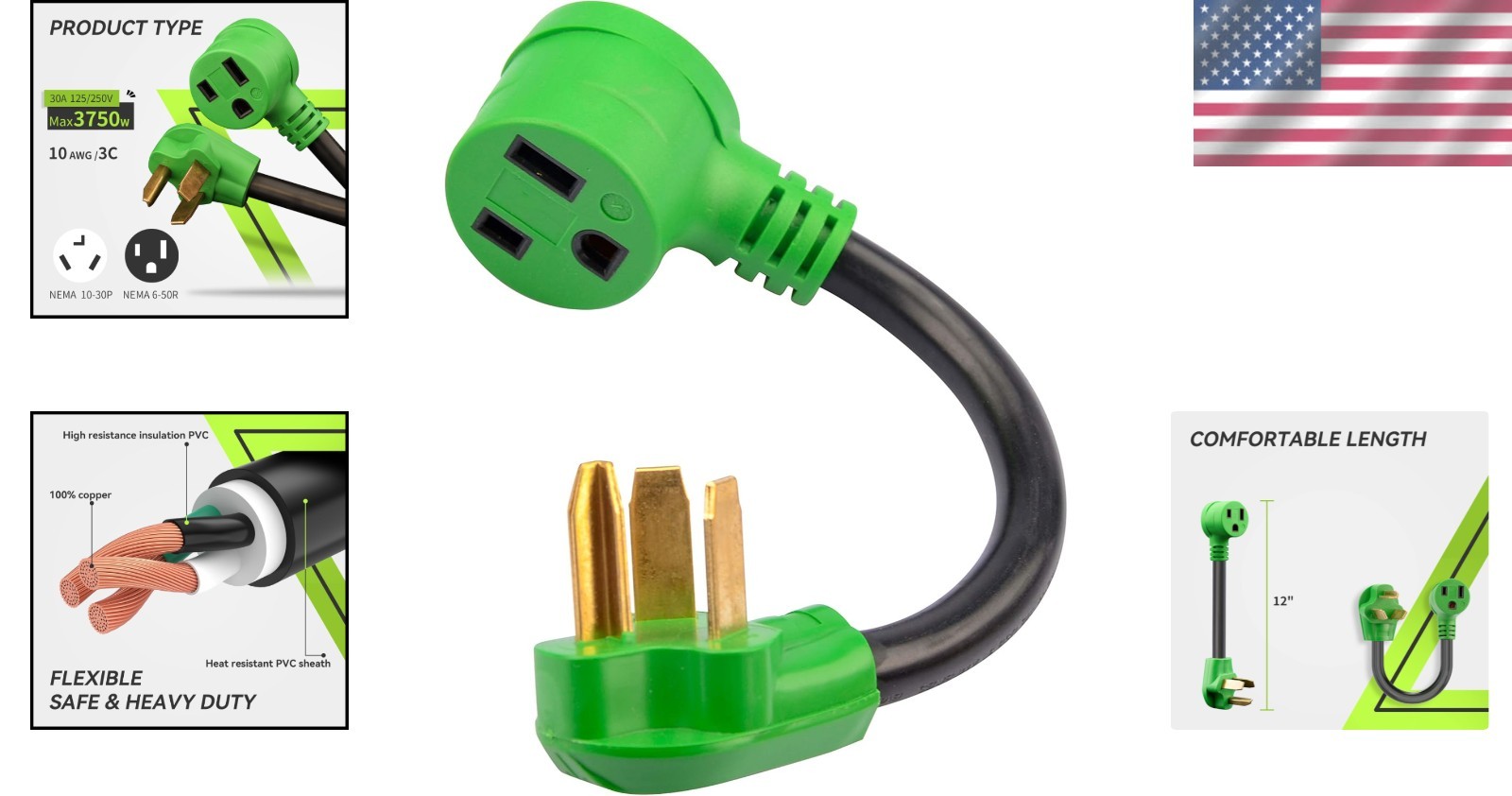 Flame Retardant Welder Adapter Cord, 30 Amp to 50 Amp Conversion, 12 Inches