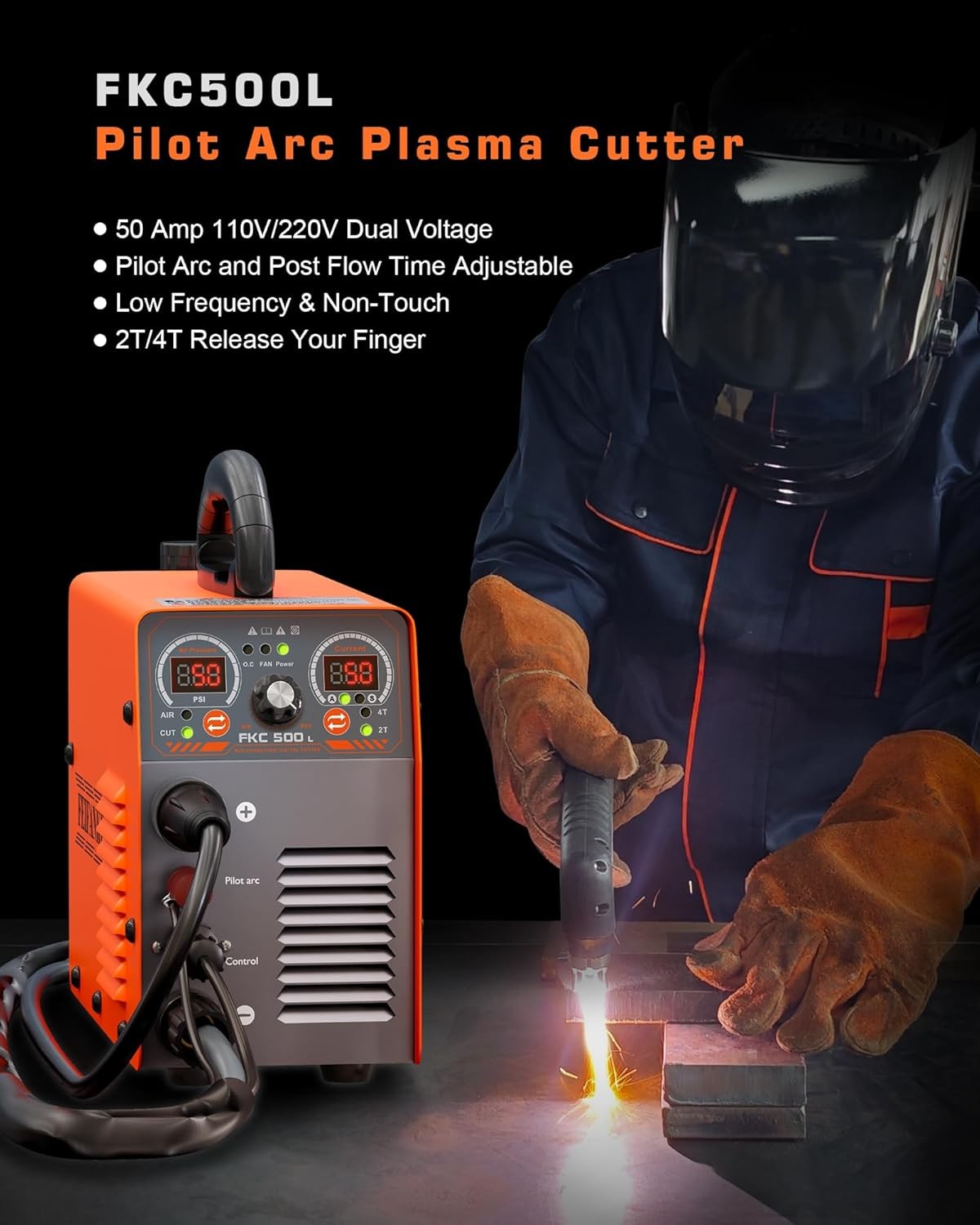 50A Plasma Cutter, Low-Frequency Non-Touch Pilot Arc 110V/220V 2T/4T, Post-Flow