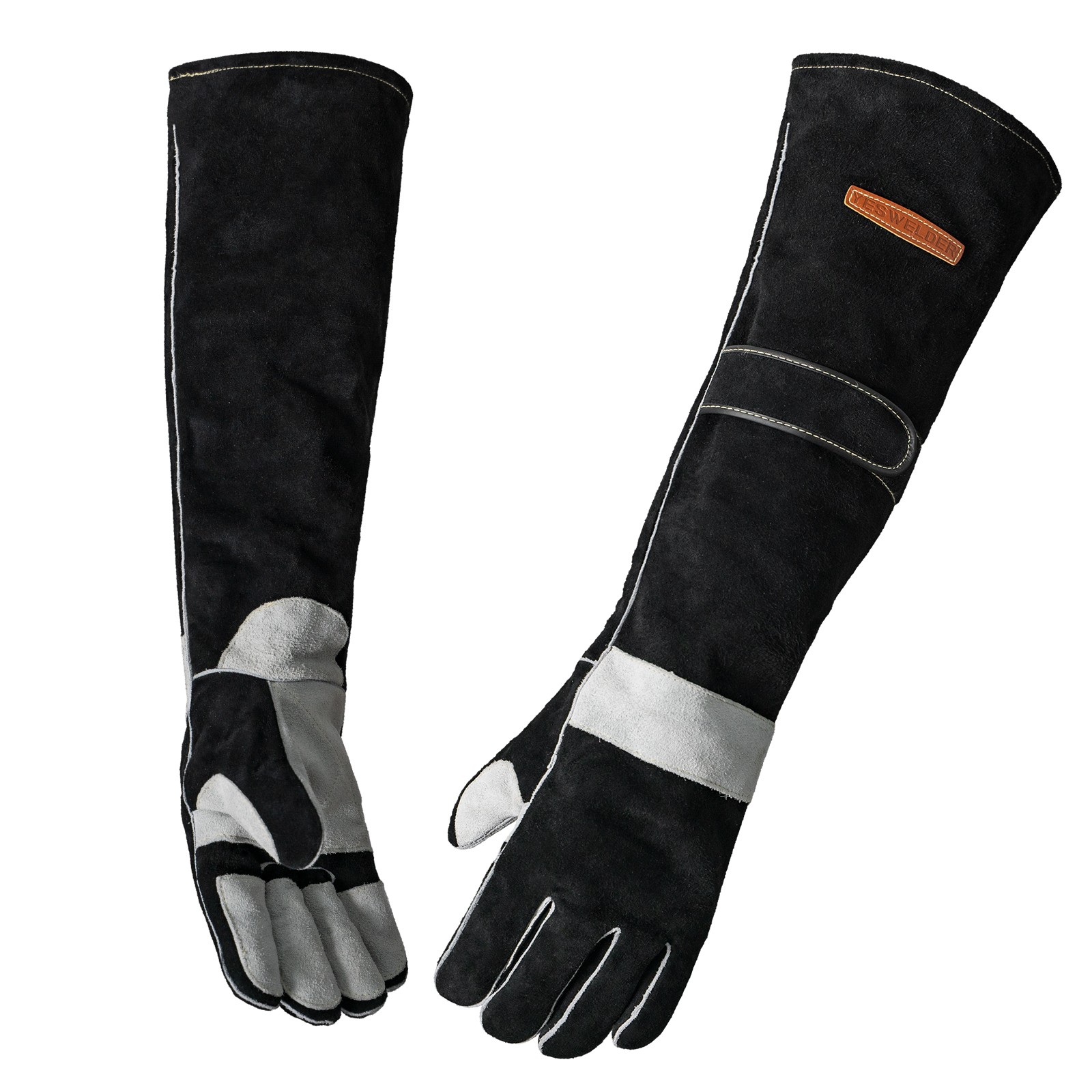 YESWELDER 23.6 Inch Leather Forge Welding Gloves 932℉ Palm Reinforced Black Gray