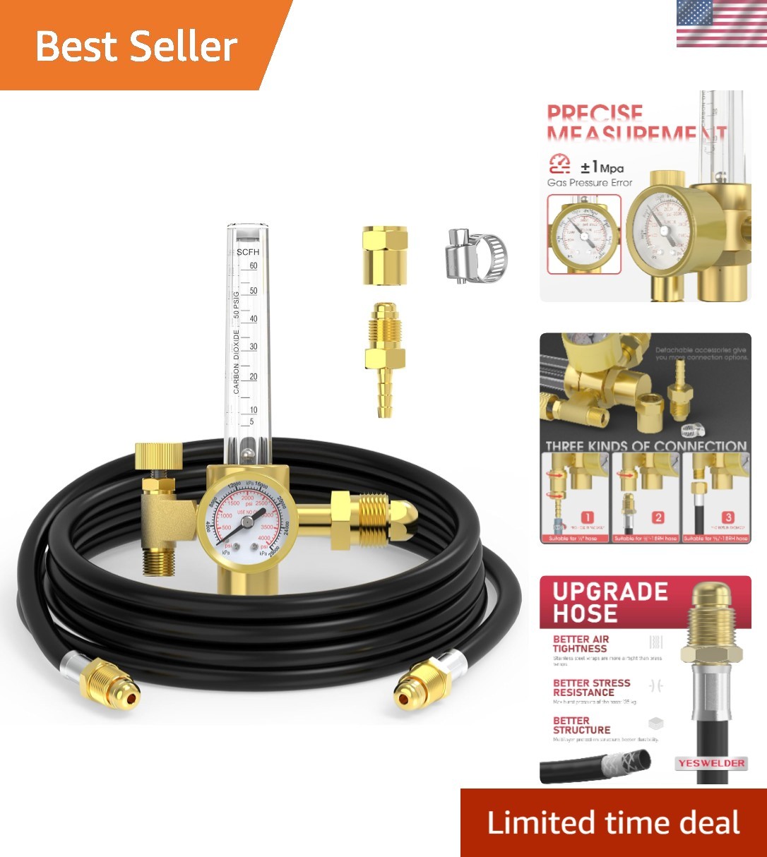 Complete MIG/TIG Argon Gas Regulator Kit with 8ft Hose & Multi-Fitting Options
