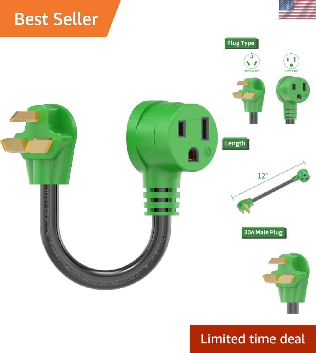 10 AWG Welder Adapter – Green, 12 Inch, for Seamless Dryer to Welder Conversion