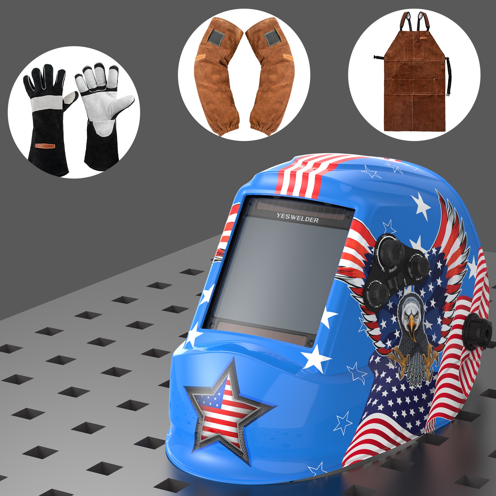 Auto Darkening Welding Helmet 1/1/1/1 4Sensor TIG MIG ARC+Apron+Sleeves+Gloves