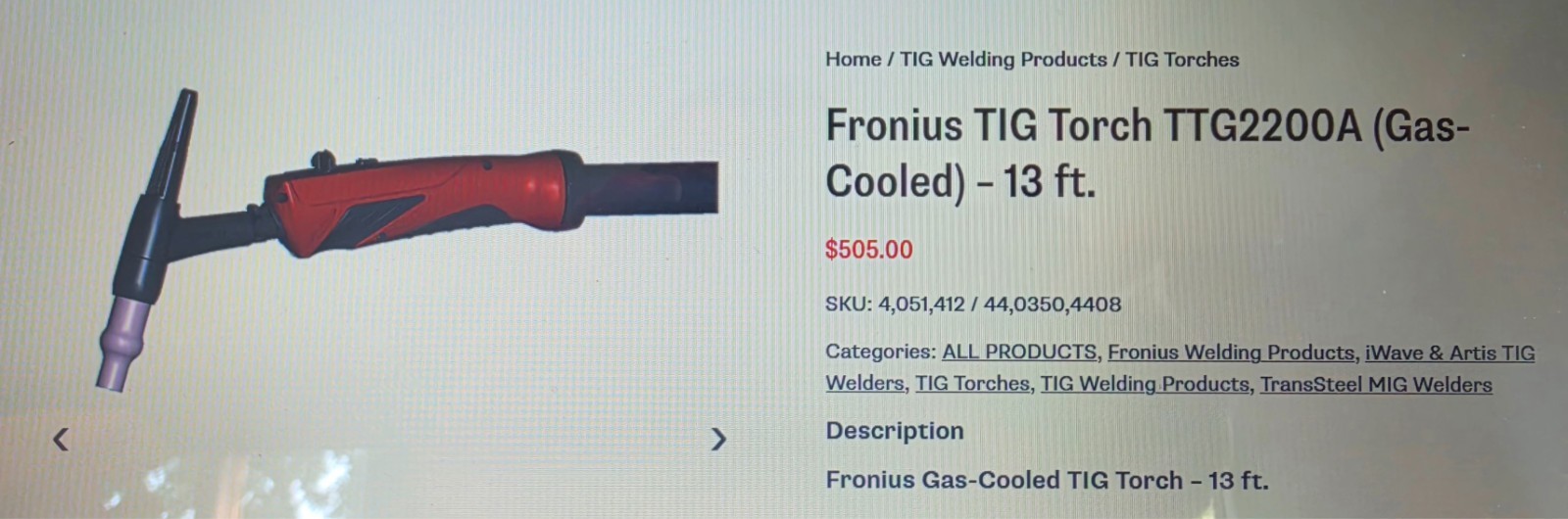 Fronius Tig Troch GAS COOLED 13FT