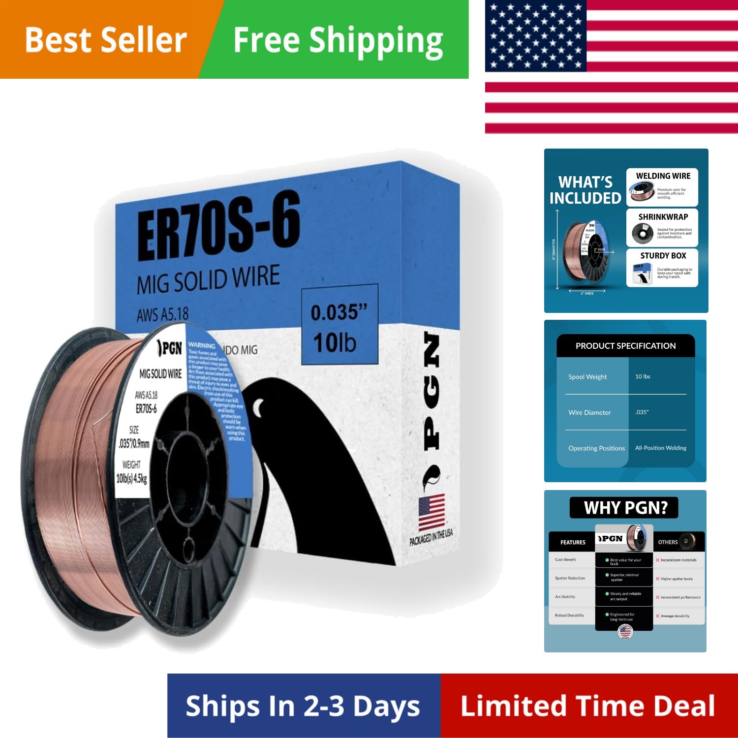 PGN Solid MIG Welding Wire – ER70S-6 .035 Inch – 10 Pound Spool – Mild Steel …