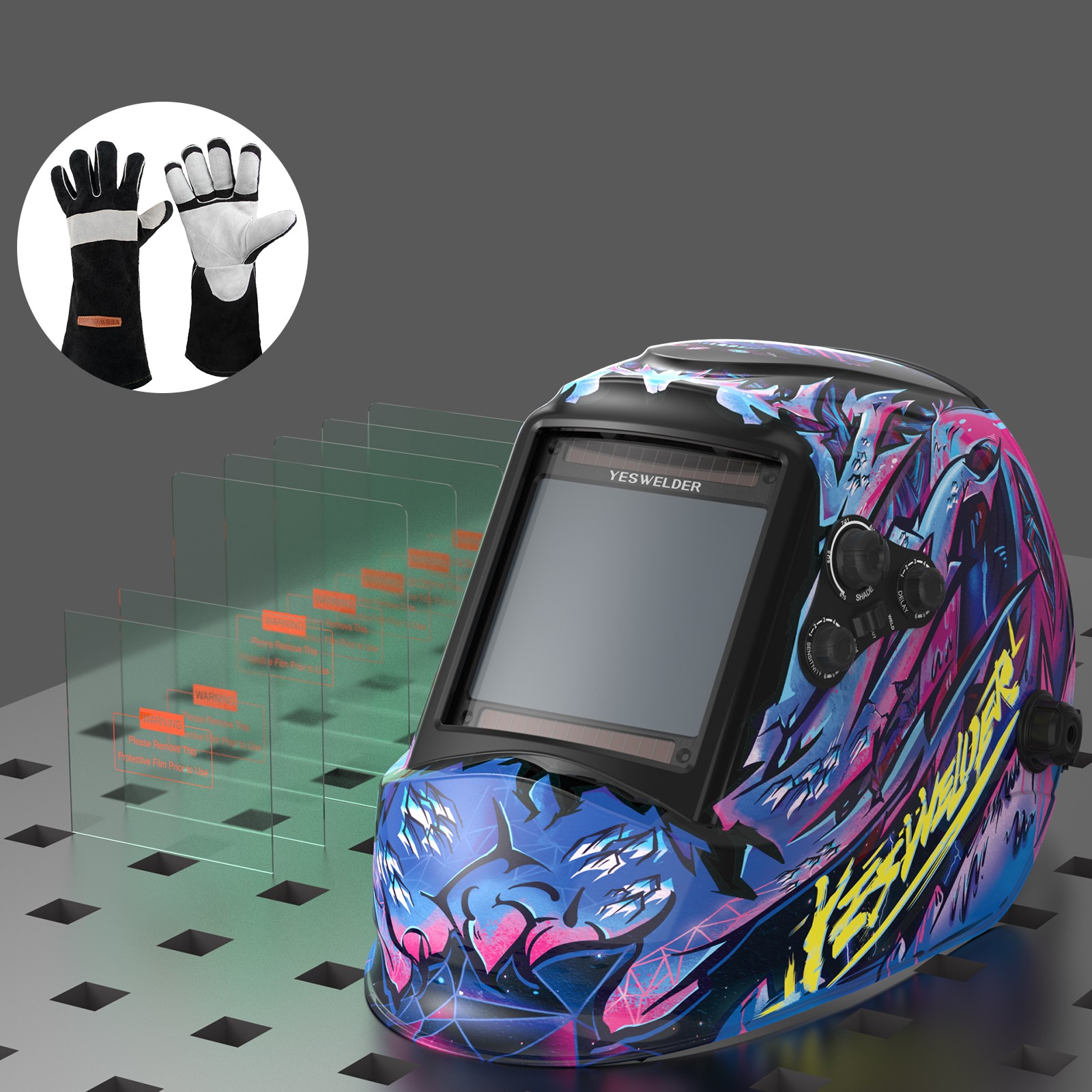 Auto Darkening Welding Helmet 1/1/1/1 4Sensor TIG MIG ARC +Welding Gloves +Lens