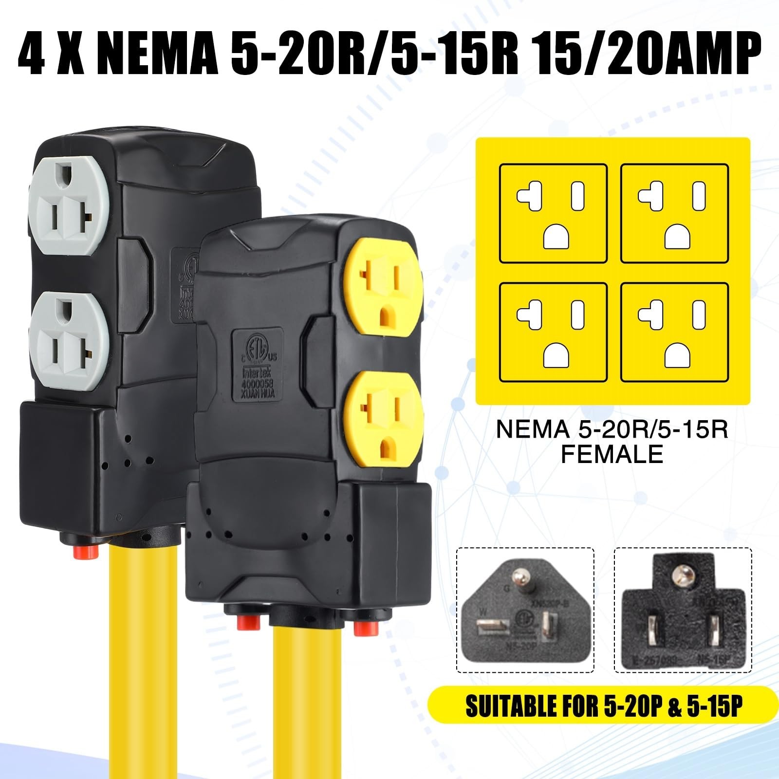 1.5FT NEMA 6-50P to 4×5-20R EV Welder Adapter, 20A Circuit Breaker, ETL Listed