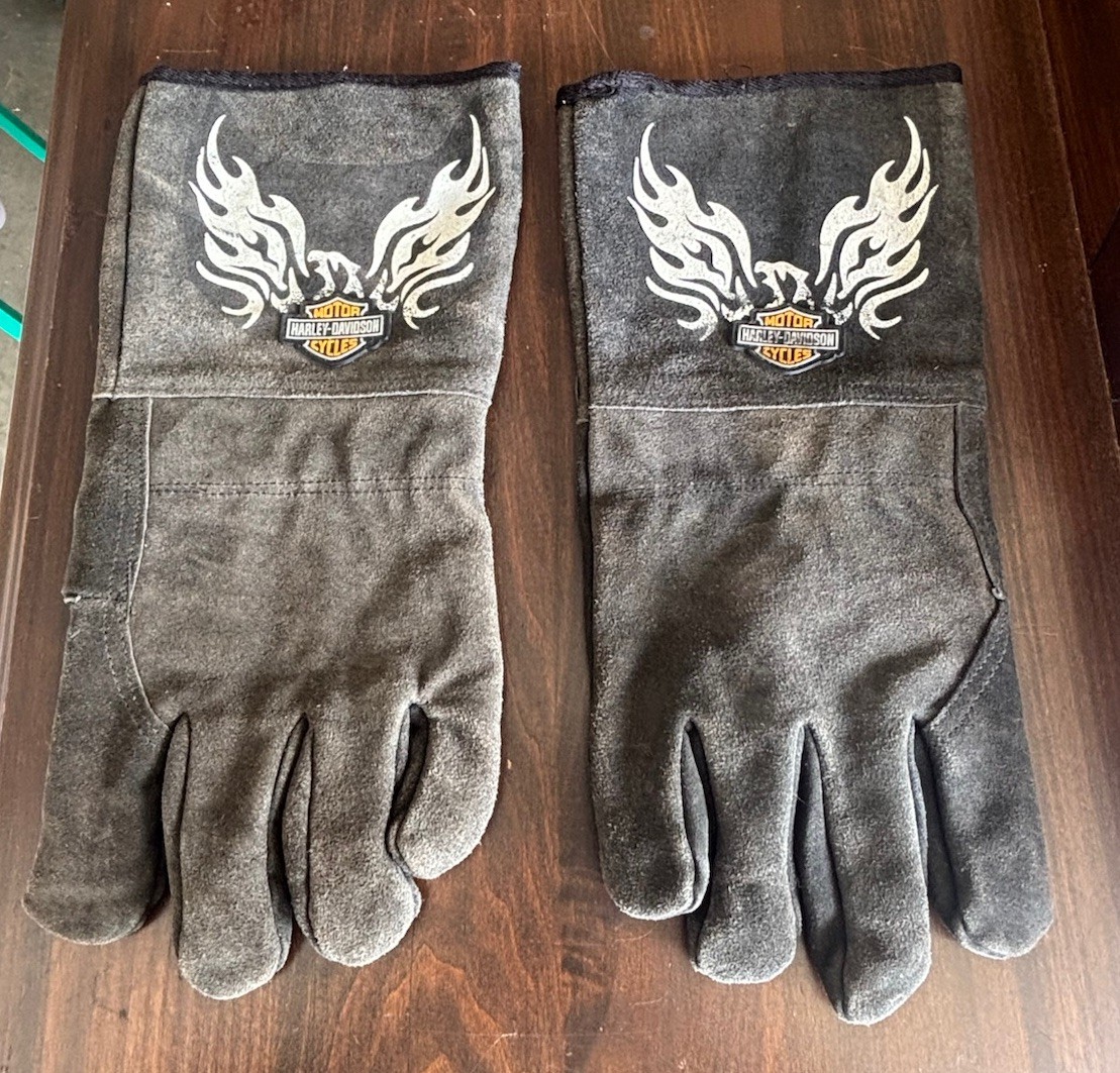 Black Harley Davidson Bacou Dalloz Gauntlet Welding Gloves Leather Size XL VTG