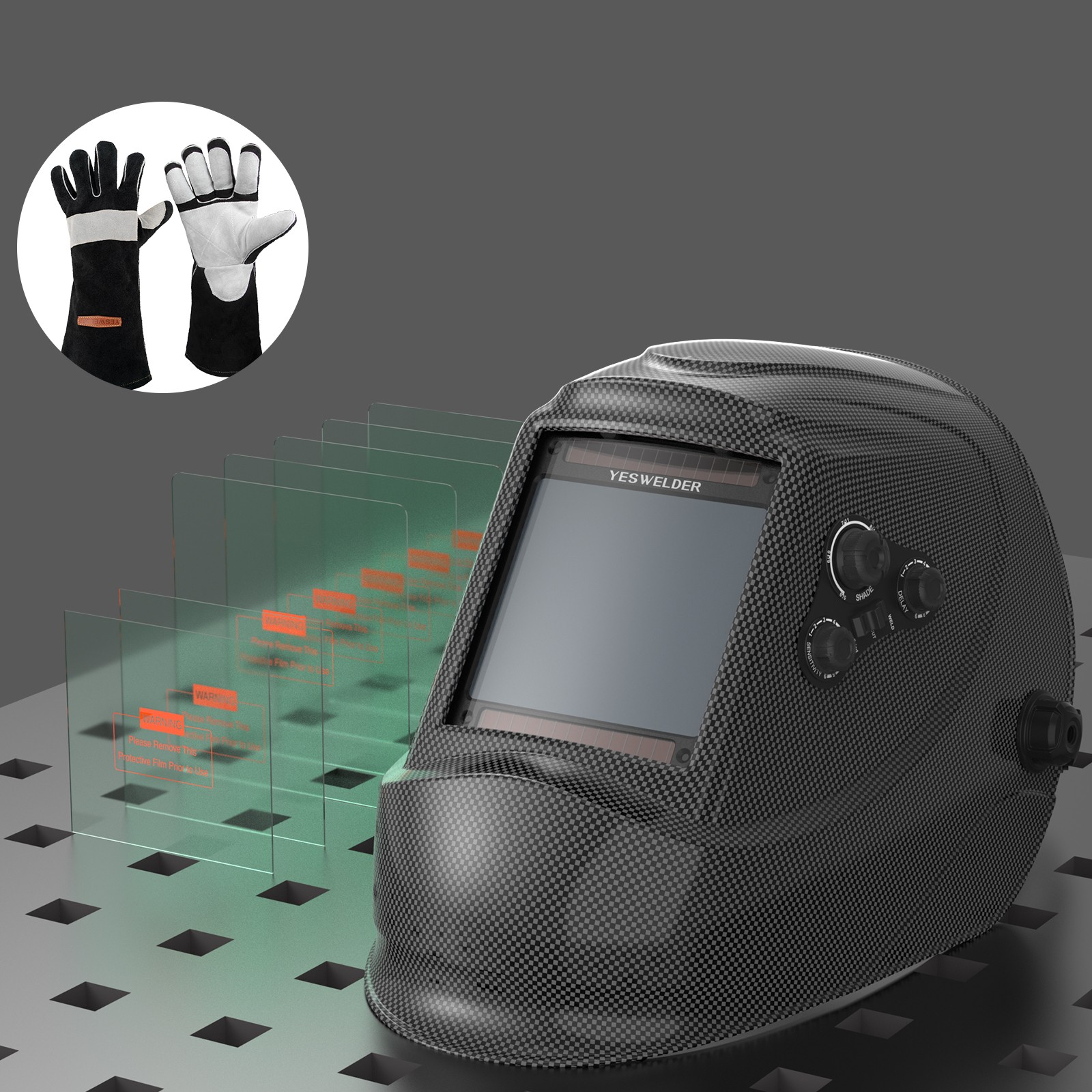 YESWELDER Auto-Darkening Welding Helmet 1/1/1/1 4Sensor TIG MIG ARC+Gloves +Lens