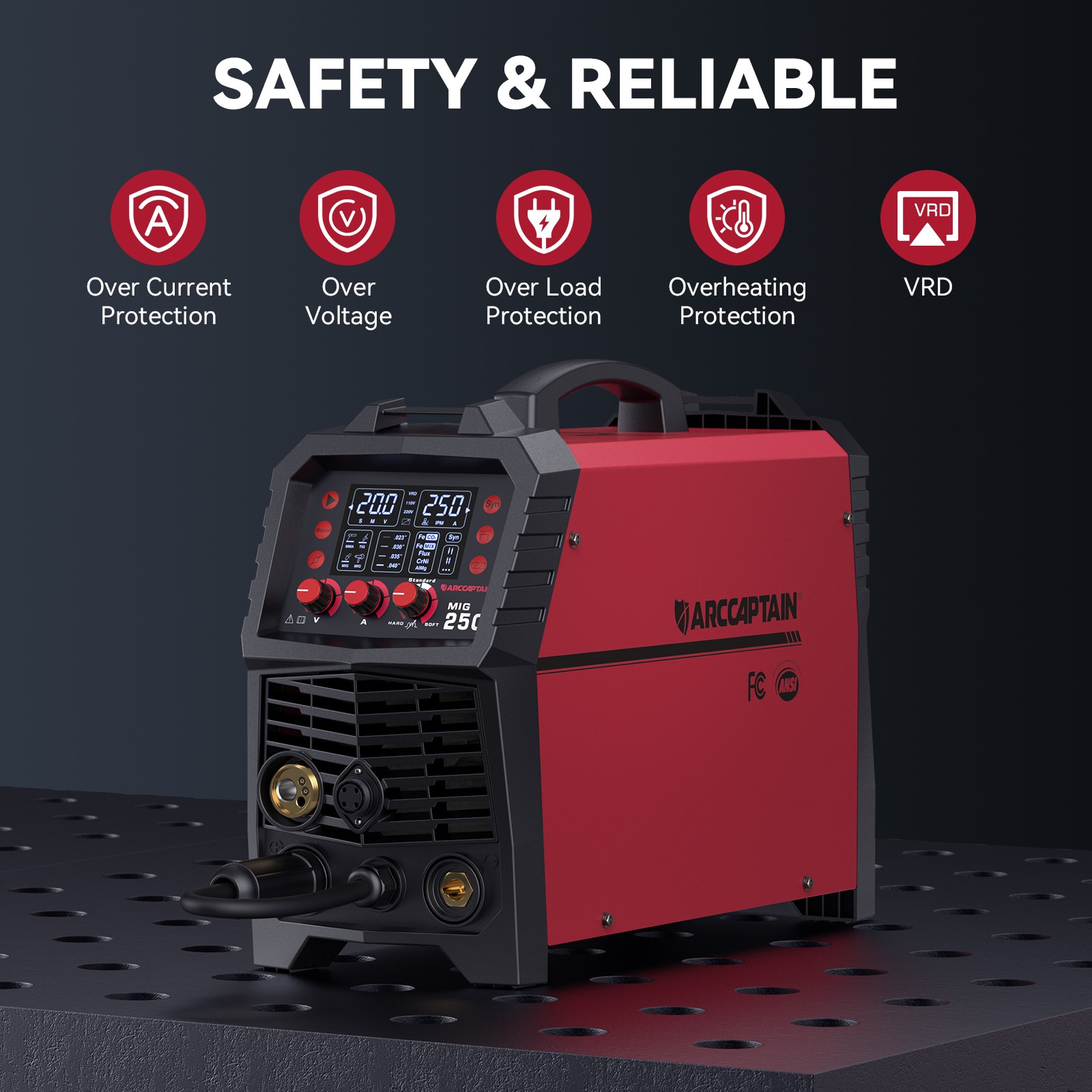 ARCCAPTAIN MIG Welder 250A 6 in 1 Aluminum LED Display Gas/Gasless MIG/Stick/TIG