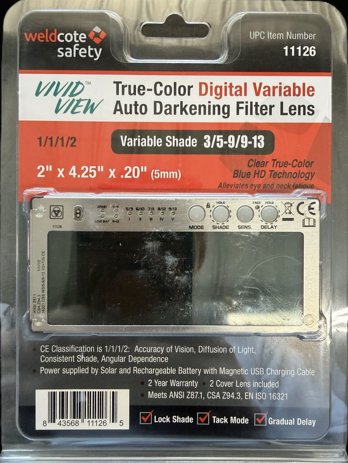 Weldcote 11126 True-Color Auto Dark Lens 2″x4.25″ Variable Shade 3/5-9/9-13