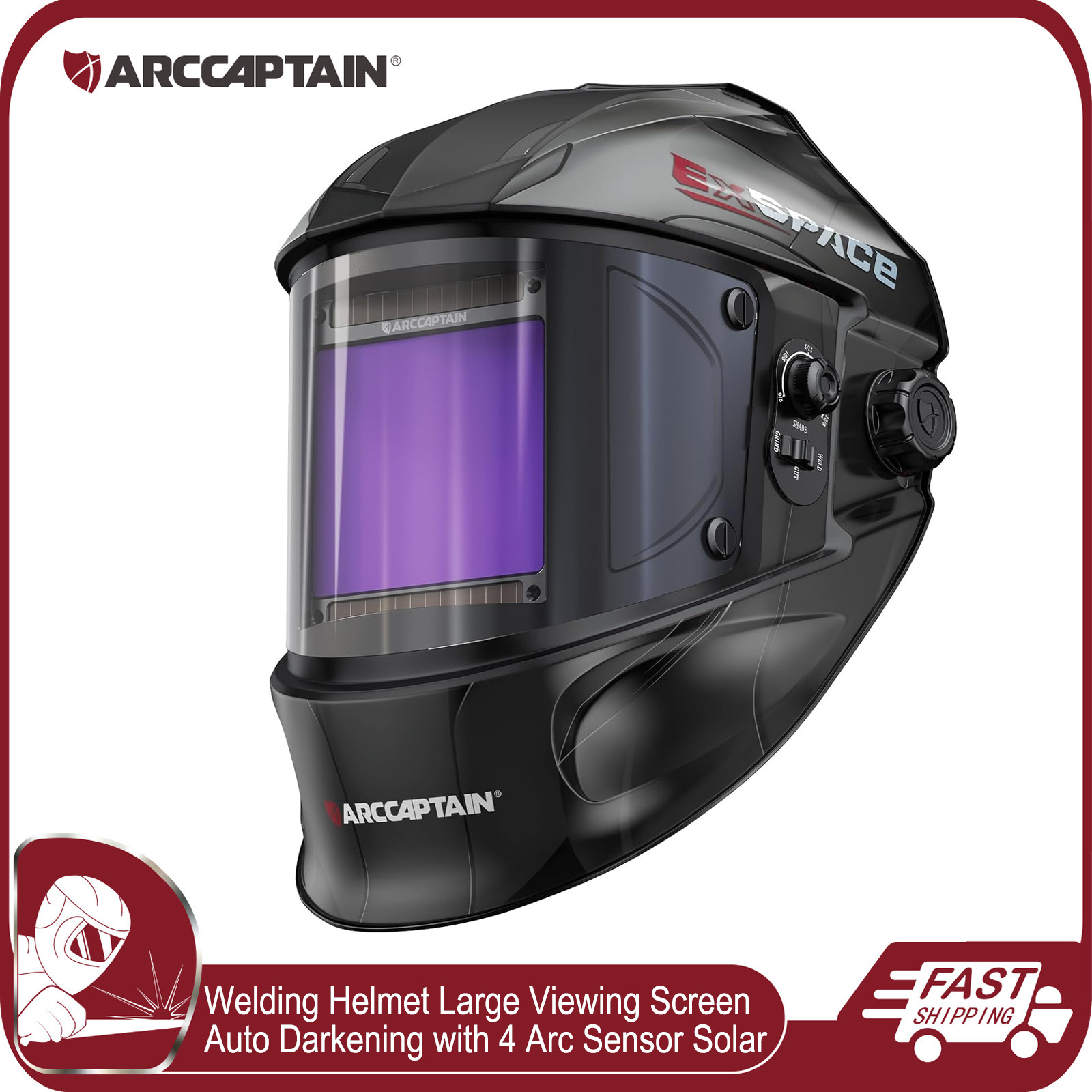 ARCCAPTAIN Welding Helmet Auto Darkening Large Viewing Arc Tig Mig Grinding Hood