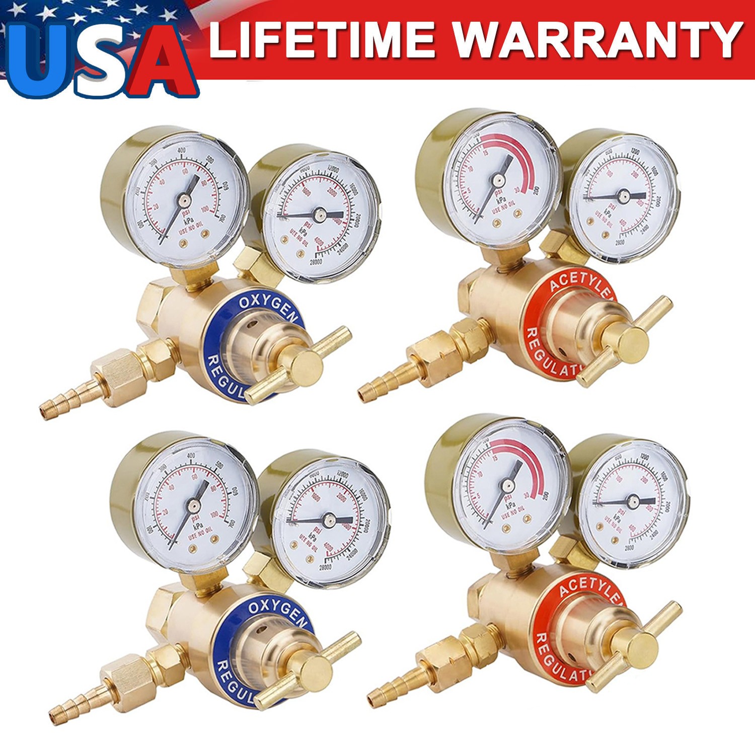 2 Pair Oxygen and Acetylene Regulators Welding Gas Gauges CGA540 and CGA200 NEW