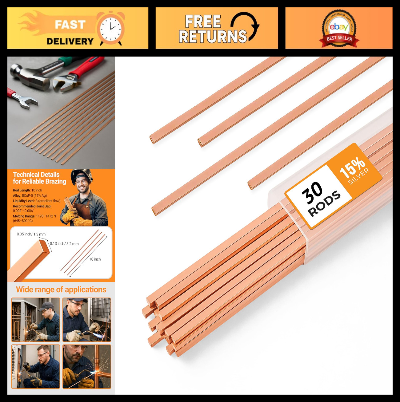 30pcs Silver Brazing Rods 15% Phos Copper Alloy Flat Welding 0.050″x1/8″x10″ HVA