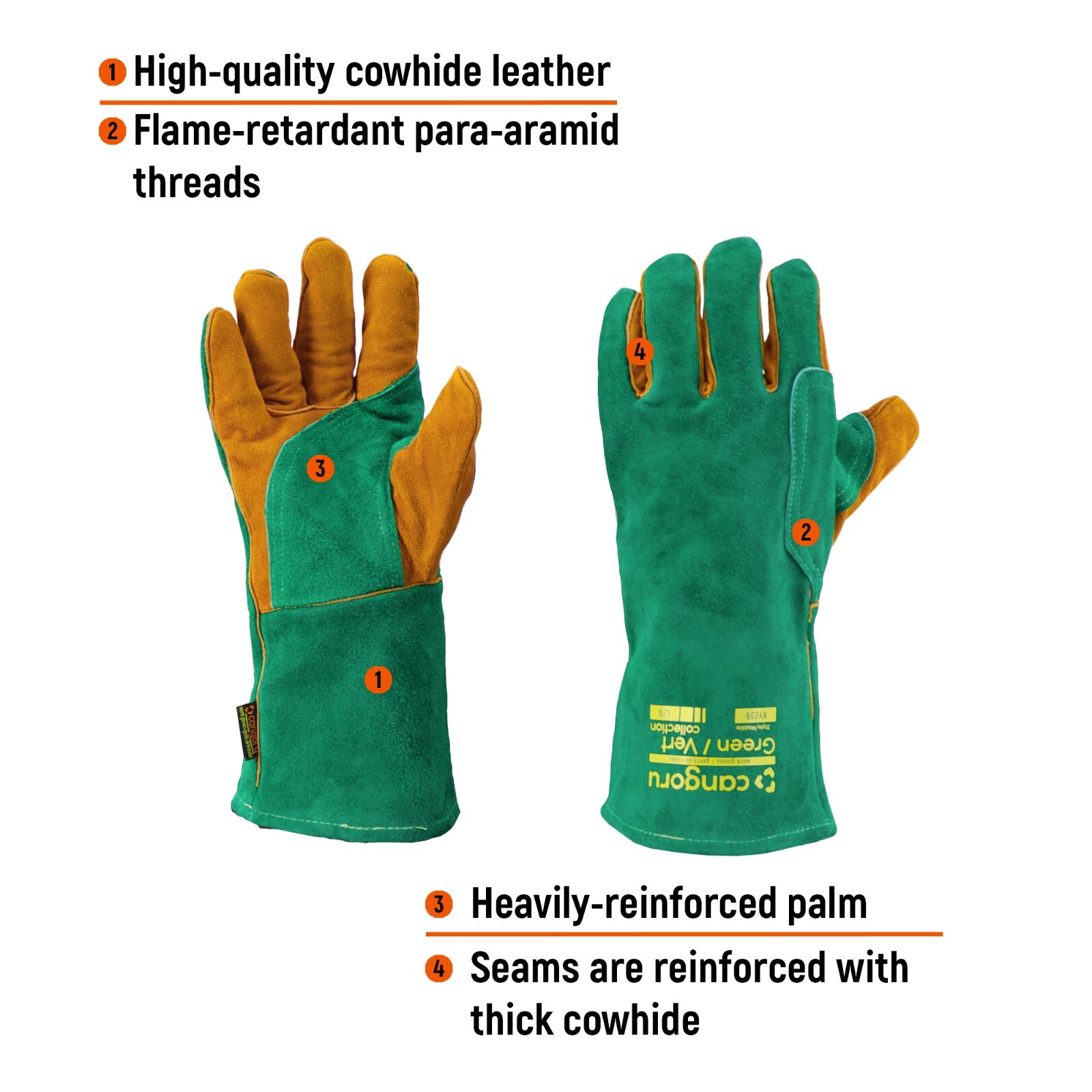 Cangoru XY239 Green Welder Stick Welding Gloves Thick Cowhide Leather 500°C 932F