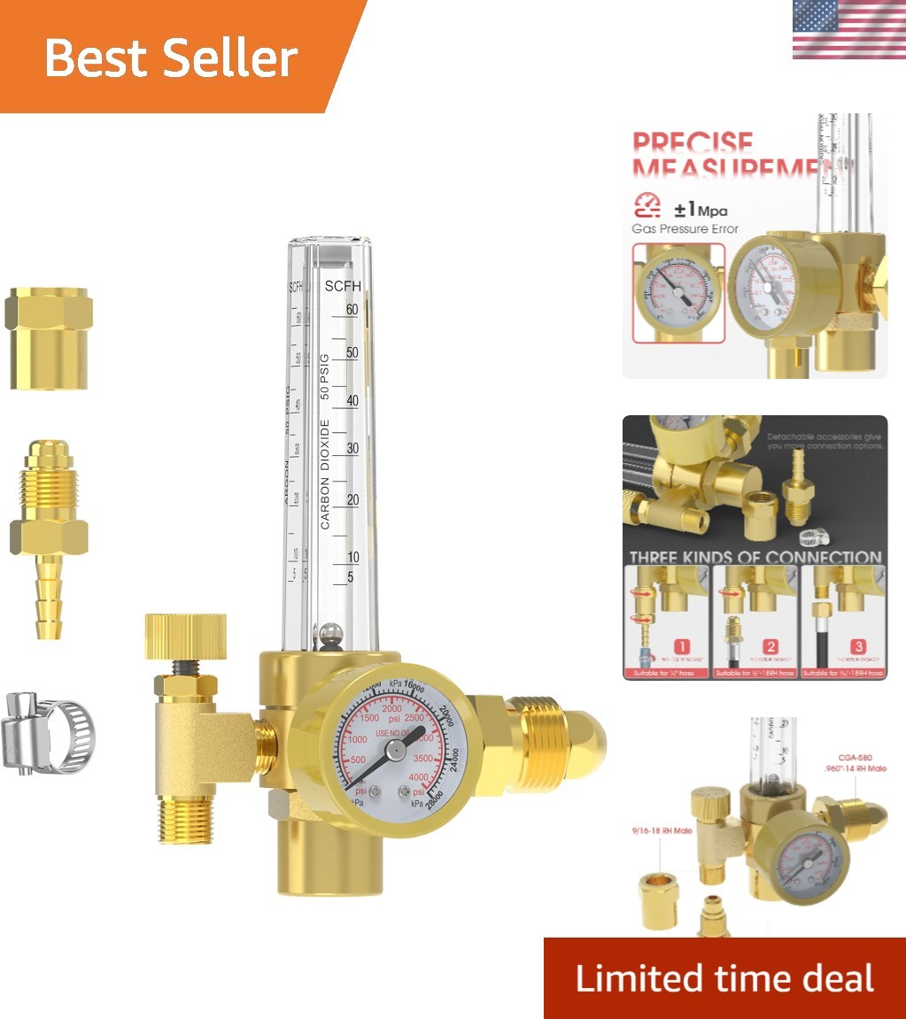 Robust MIG TIG Gas Regulator with Square Flow Gauge and Multiple Connections
