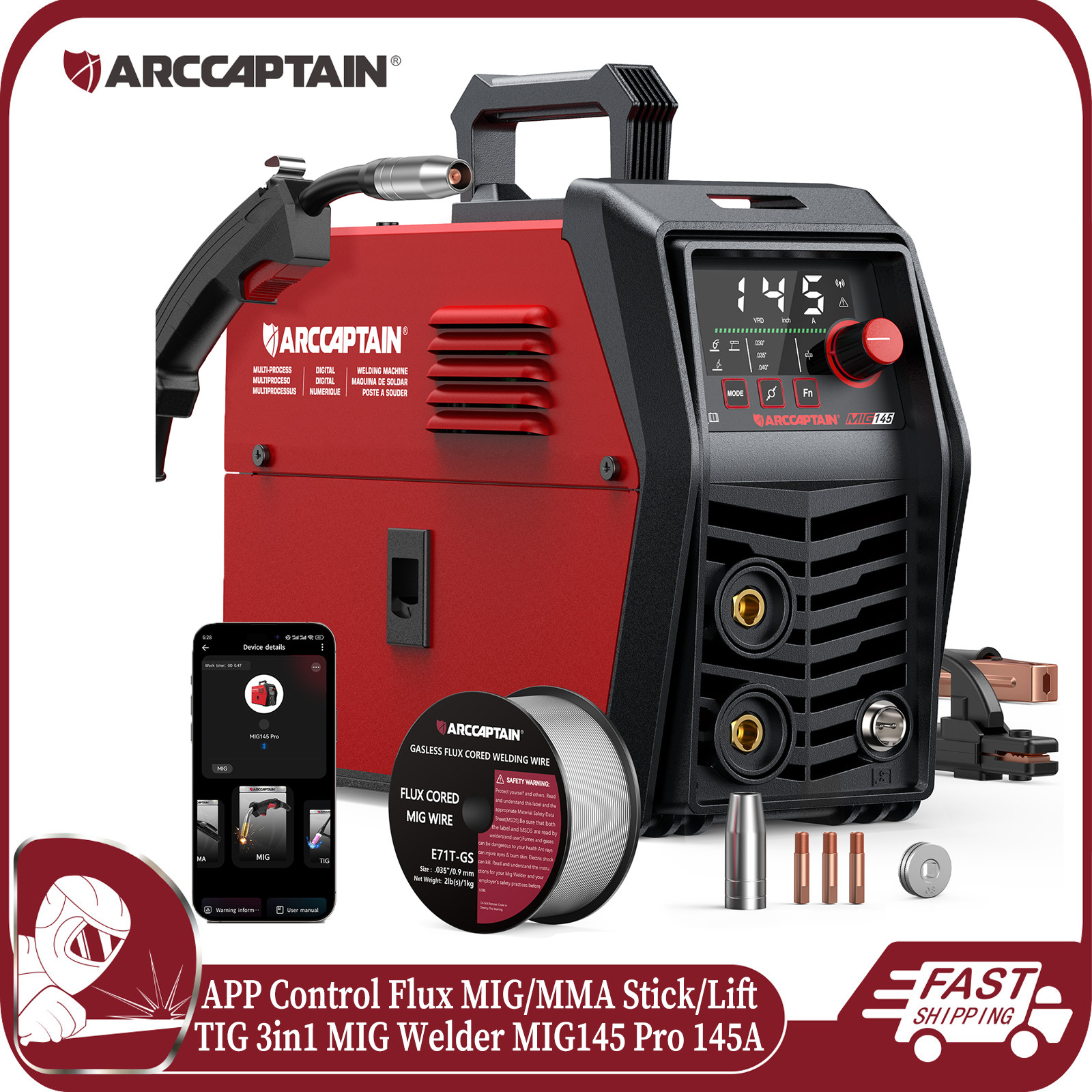 ARCCAPTAIN iControl MIG Welder MIG145 Pro Flux Core MIG/Lift TIG/MMA w/ Synergy