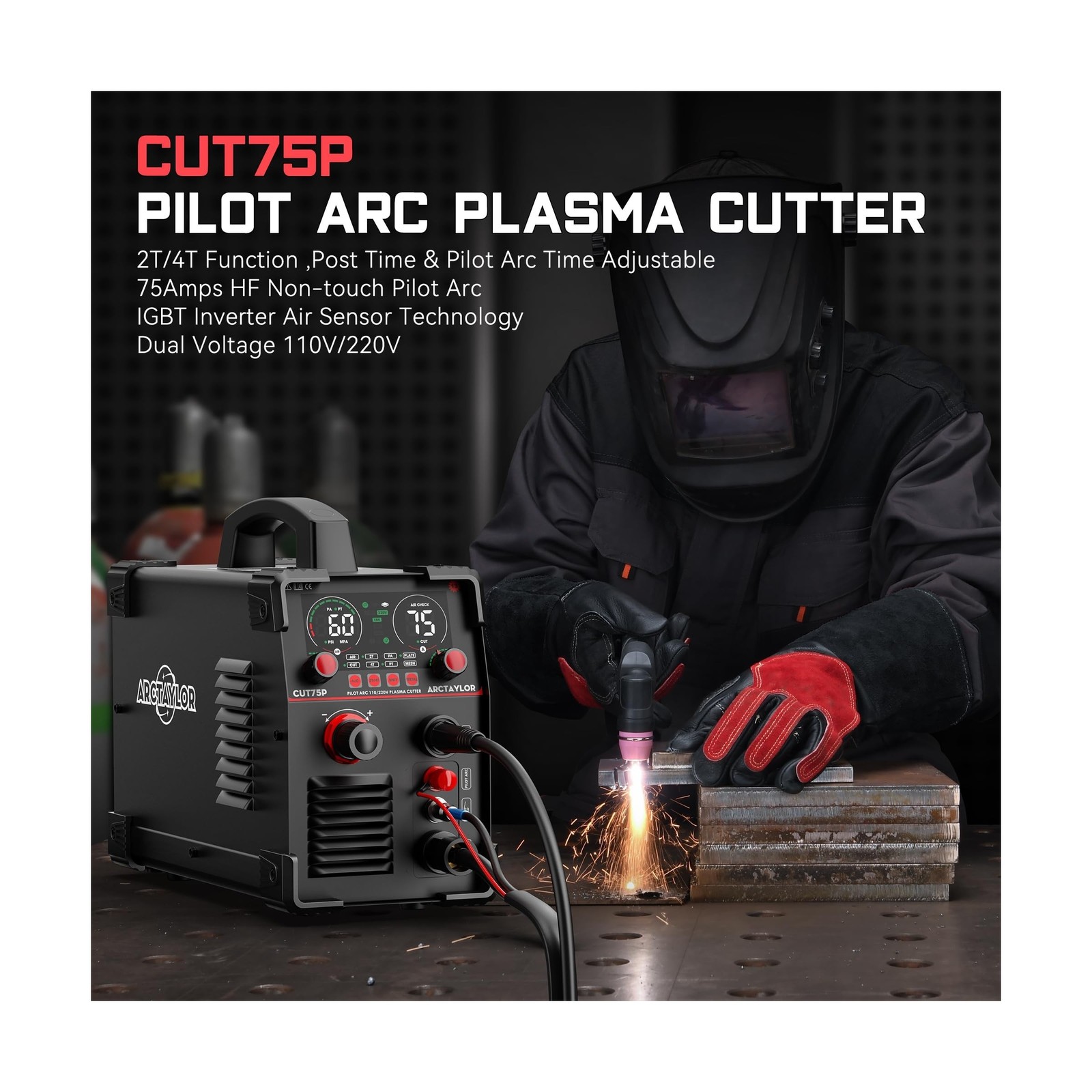 75Amps Plasma Cutter, Non-Touch Pilot Arc Plasma Cutter Machine,110/220V Dual…