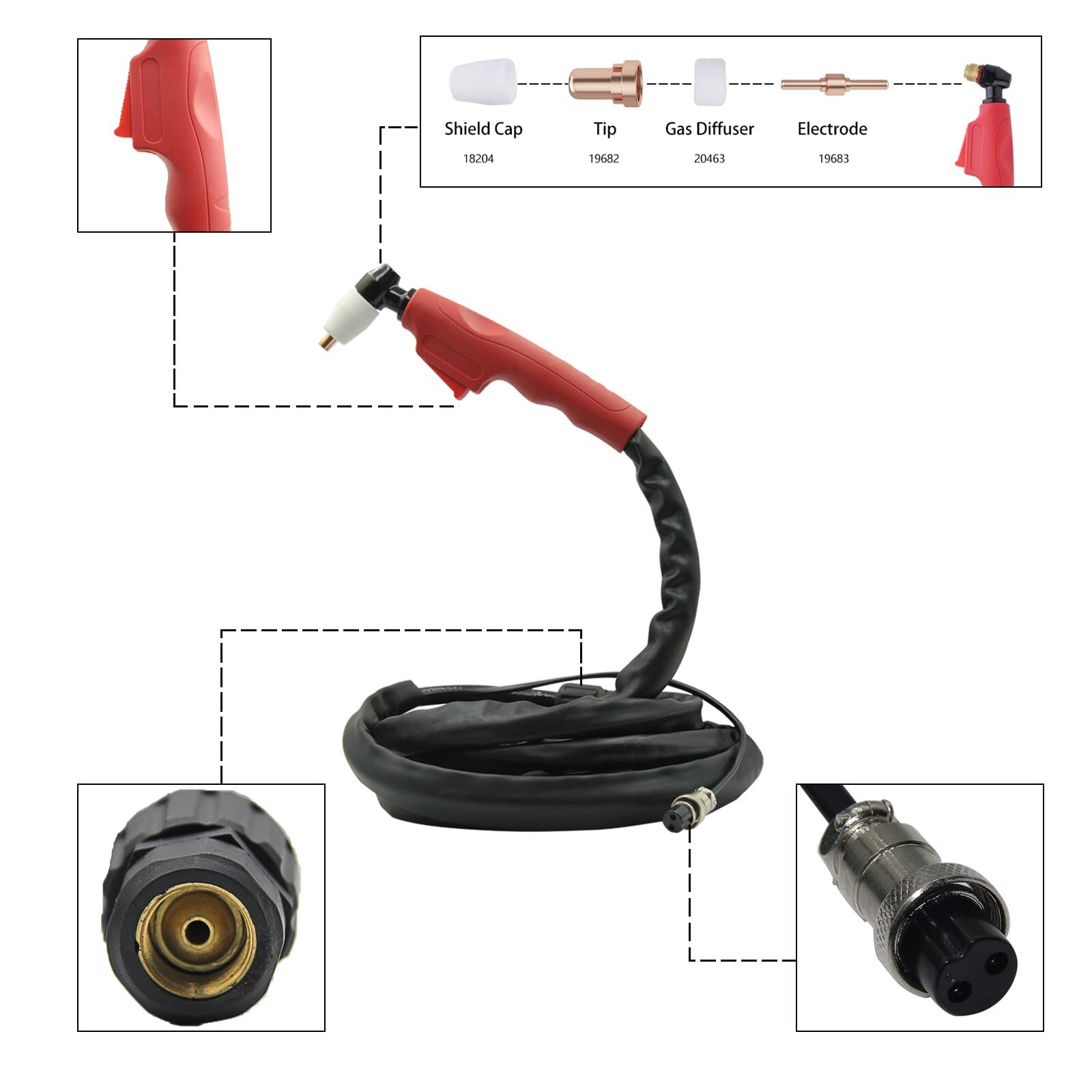 Pt31 Air Plasma Cutting Torch With 13 Feet Cable M16*1.5 Brass Screw 2 Pins Conn