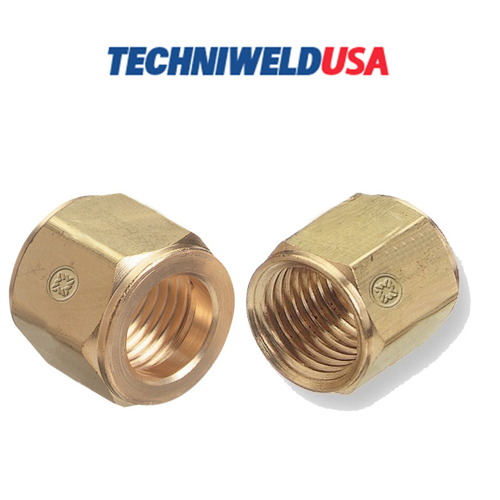Techniweld Nut #9, Oxygen Hose Nut; “A”, 3/8-24 RH, CGA020 Brass, QTY: 10