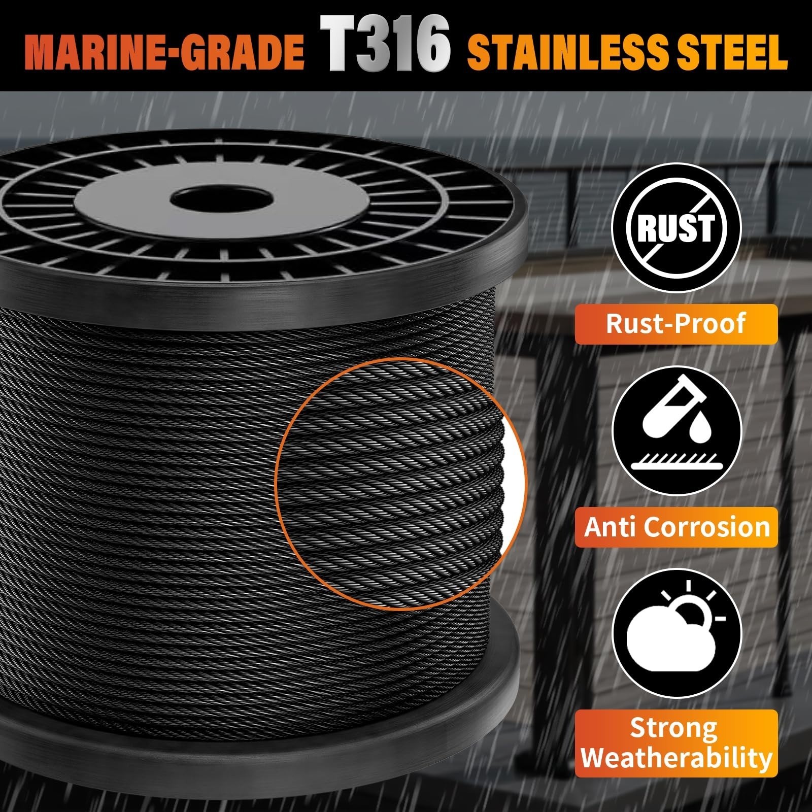 CELYND 500FT 1/8″ Black Stainless Steel Cable for Railing with Cutter