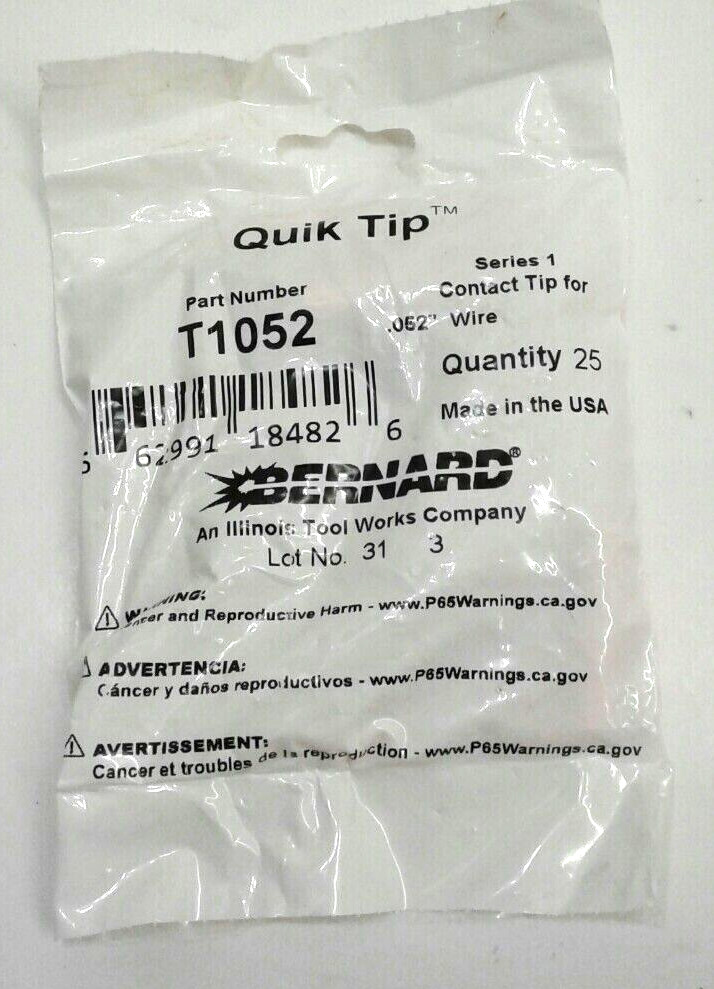 Bernard Quick Tip T1052 Series 1 Contact Tip F/.052″ (1.3mm) 5/16 OD Wire 25 pk