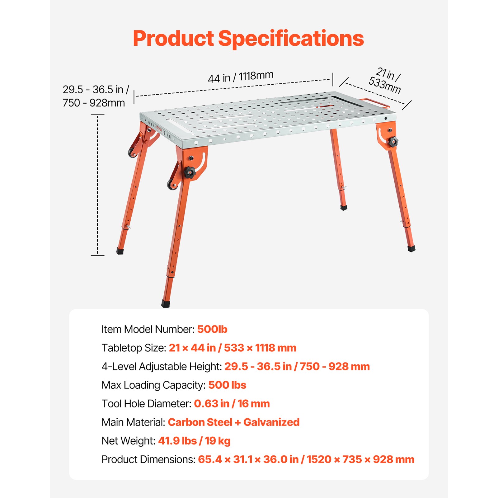 Welding Table 44″ x 21″ 500LB Folding Workbench Adjustable Height