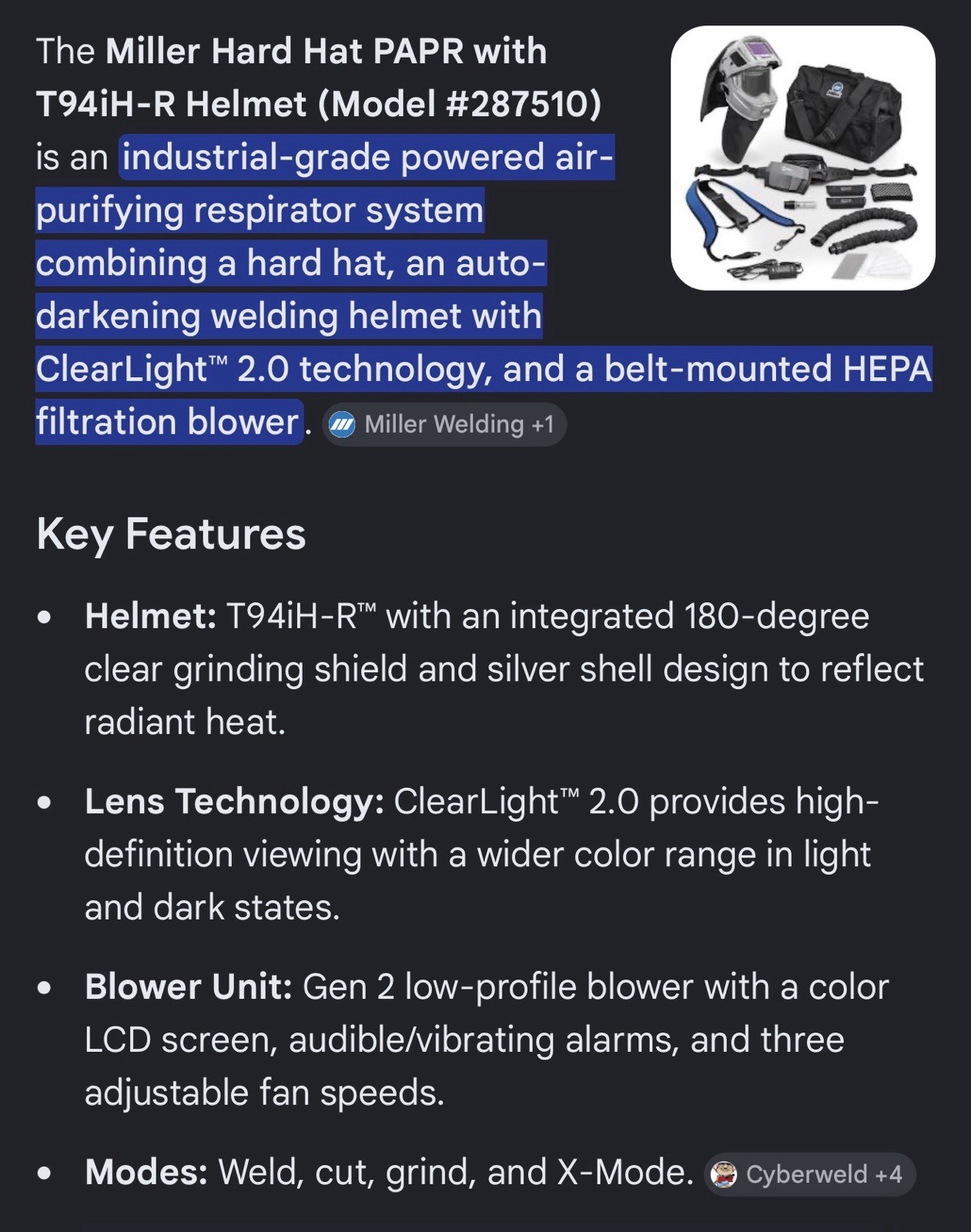 Miller PAPR 2 Hard Hat w/T94iH-R | PAPR System | 1 Battery Included | 287510