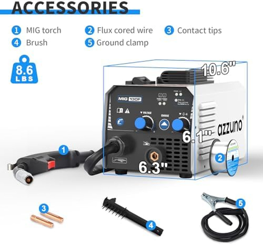 130A MIG Welder & .035″ 2LBS Flux Core Mig Welding Wire, 110V Gasless MIG Weldin