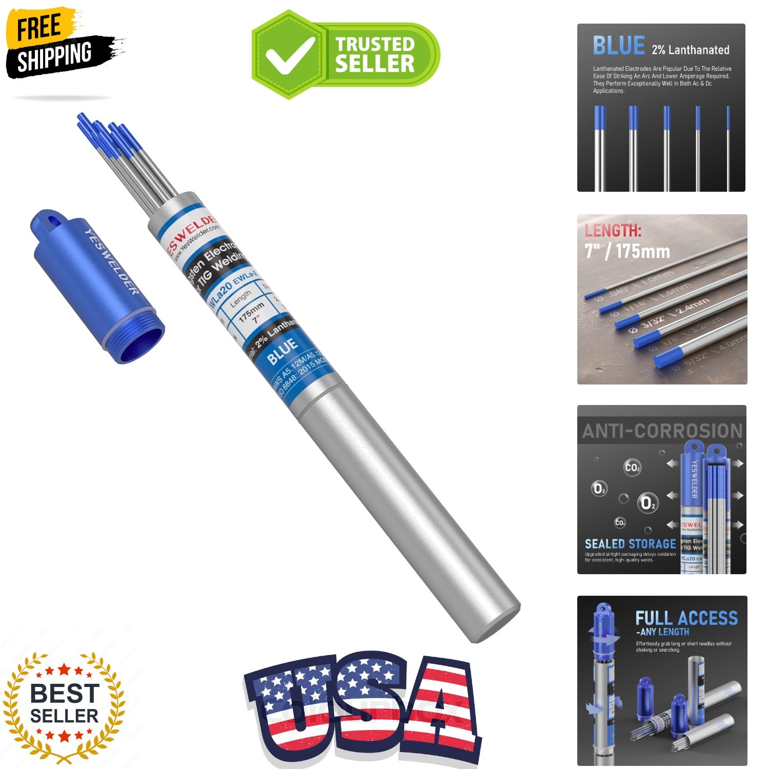 TIG Welding Tungsten Electrode 2% Lanthanated 3/32″ x 7″ Blue, WL20/EWLa-2 10-pk