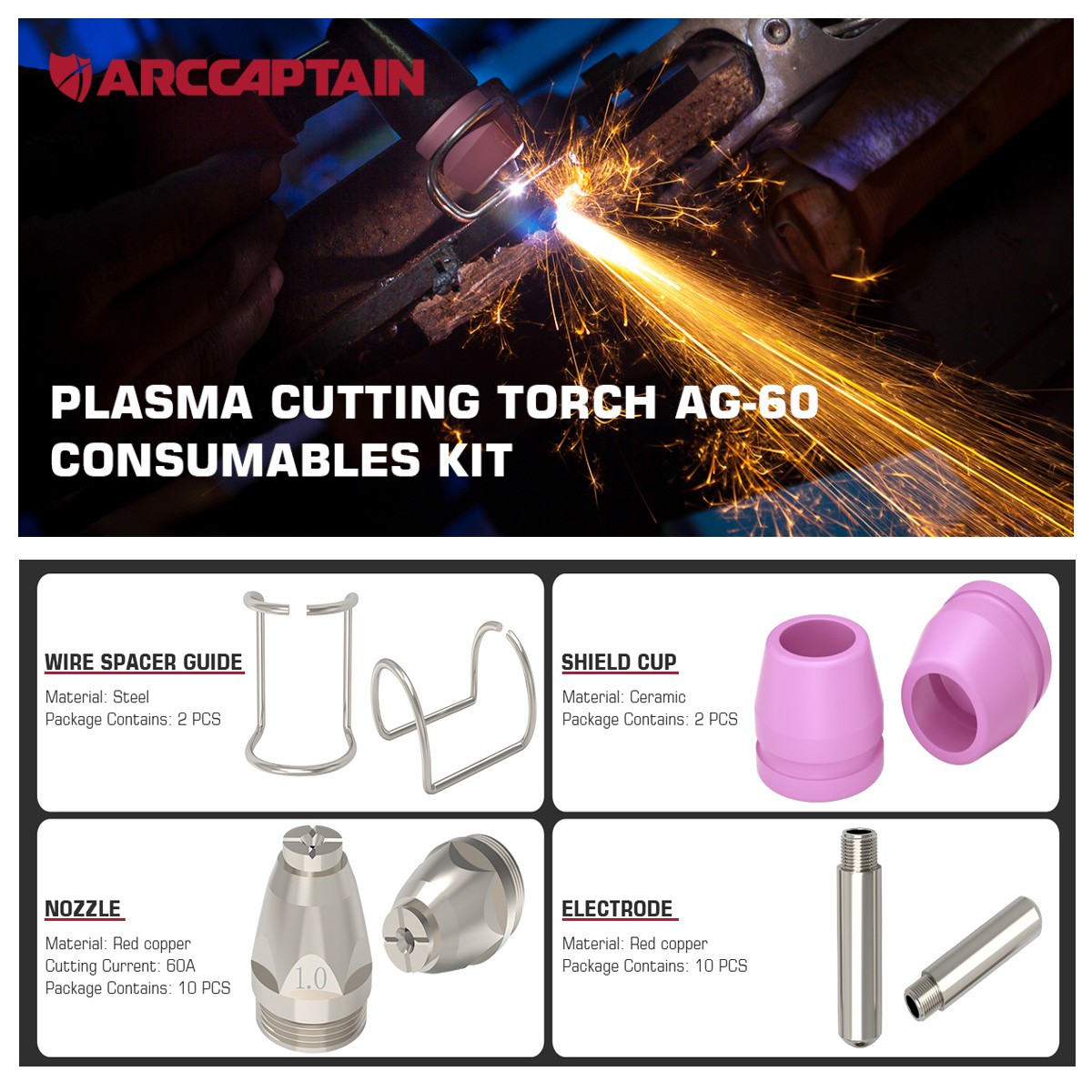 ARCCAPTAIN AG-60 Plasma Cutter Torch Consumables 24Pcs .040” SG-55 Accessories